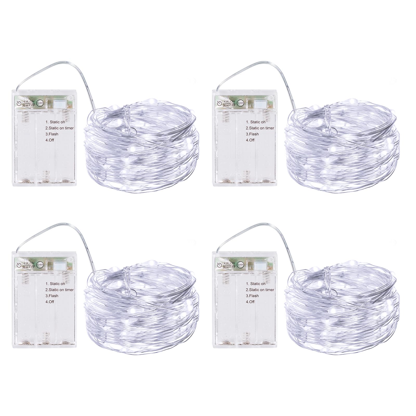 BXROIU 4 x 50er Micro LED Lichterkette Batterie betrieb 3 Programm mit Timer Auf Silberdraht für Party, Weihnachten, Halloween, Hochzeit Deko (Kaltes Weiß, 5 metre 4 Stück)