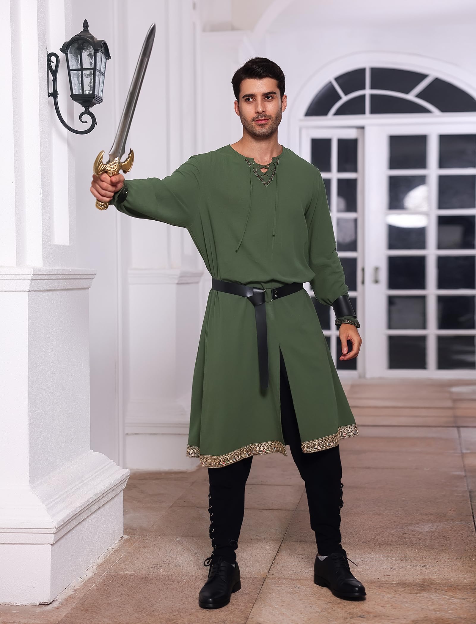 ABEHIK Costume medievale da uomo, costume vichingo, per uomo, giacca da cavaliere, abbigliamento rinascimentale, per carnevale, feste, bar a tema