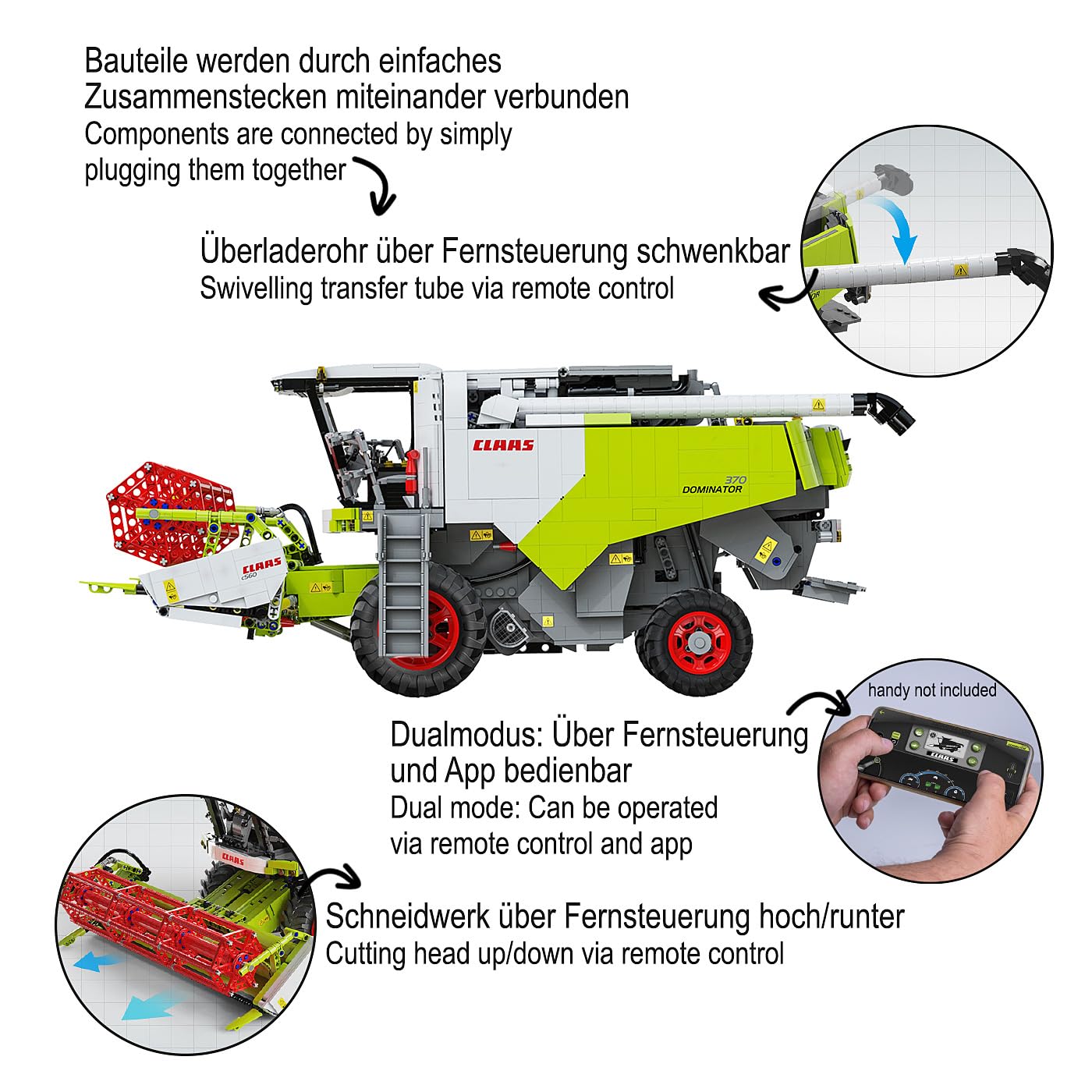 JAMARA 402873 CADA Claas Dominator 370 Briques 1:18 2,4 GHz, Agriculture pour Enfants à partir de 14 Ans, Technologie RC pour garçons, Jouet télécommandé, idée Cadeau pour Enfants, Double Mode