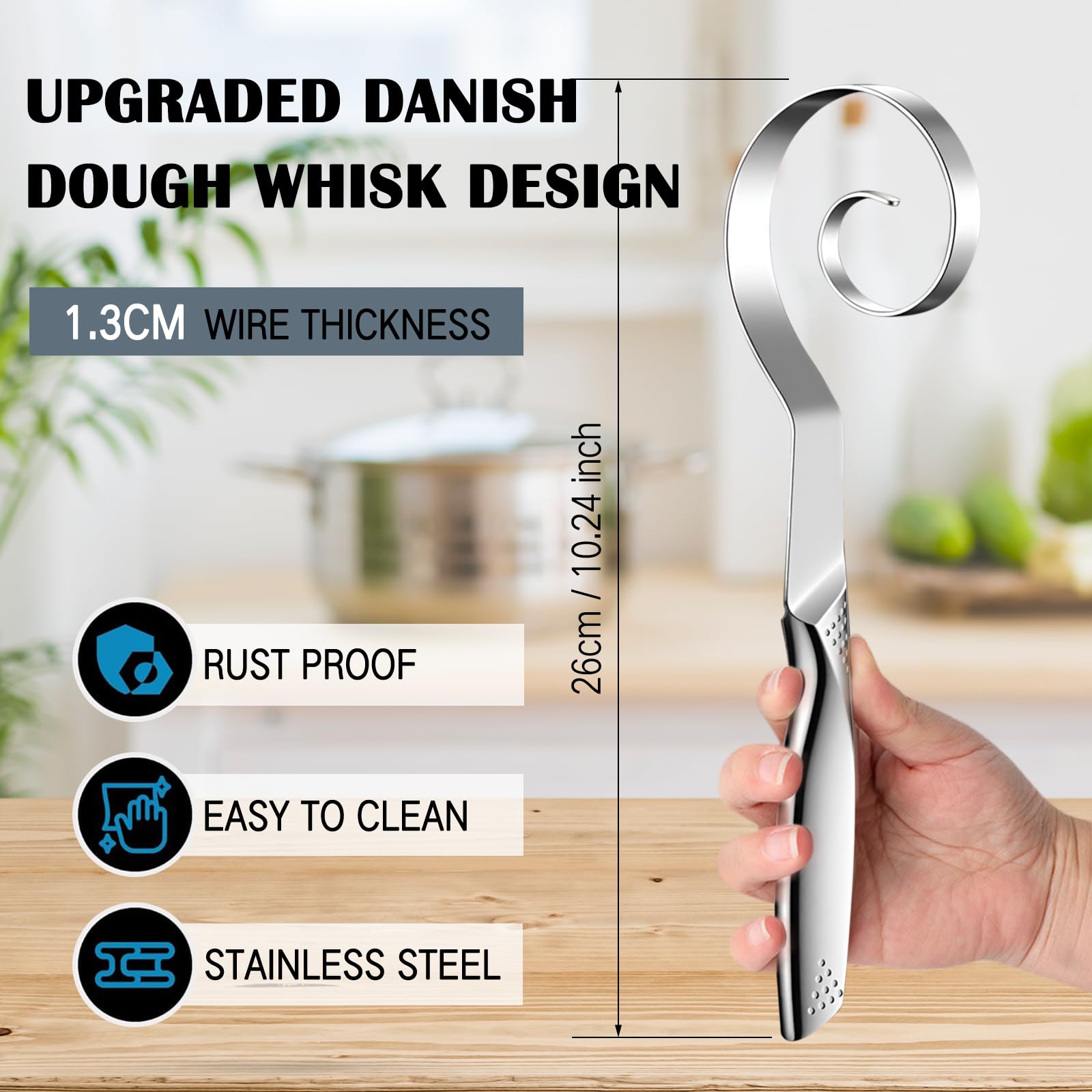 TECHPLUS Upgraded Danish Dough Whisk Dough Mixer, for Sourdough Pastry Pizza Baking Cake,Stainless Steel Bread Making Tools for Kitchen - Image 4