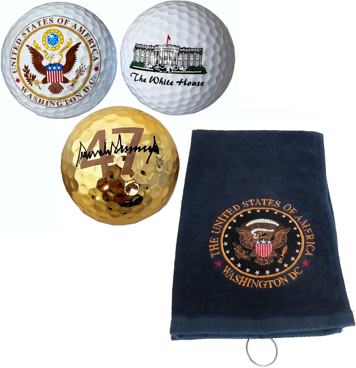 Juego de toallas y pelota de golf President Donald Trump 47 Great Seal – Incluye pelotas de golf Gold Trump 47 Signature, Great Seal y White House y toalla azul marino con Great Seal – Edición limitada coleccionable