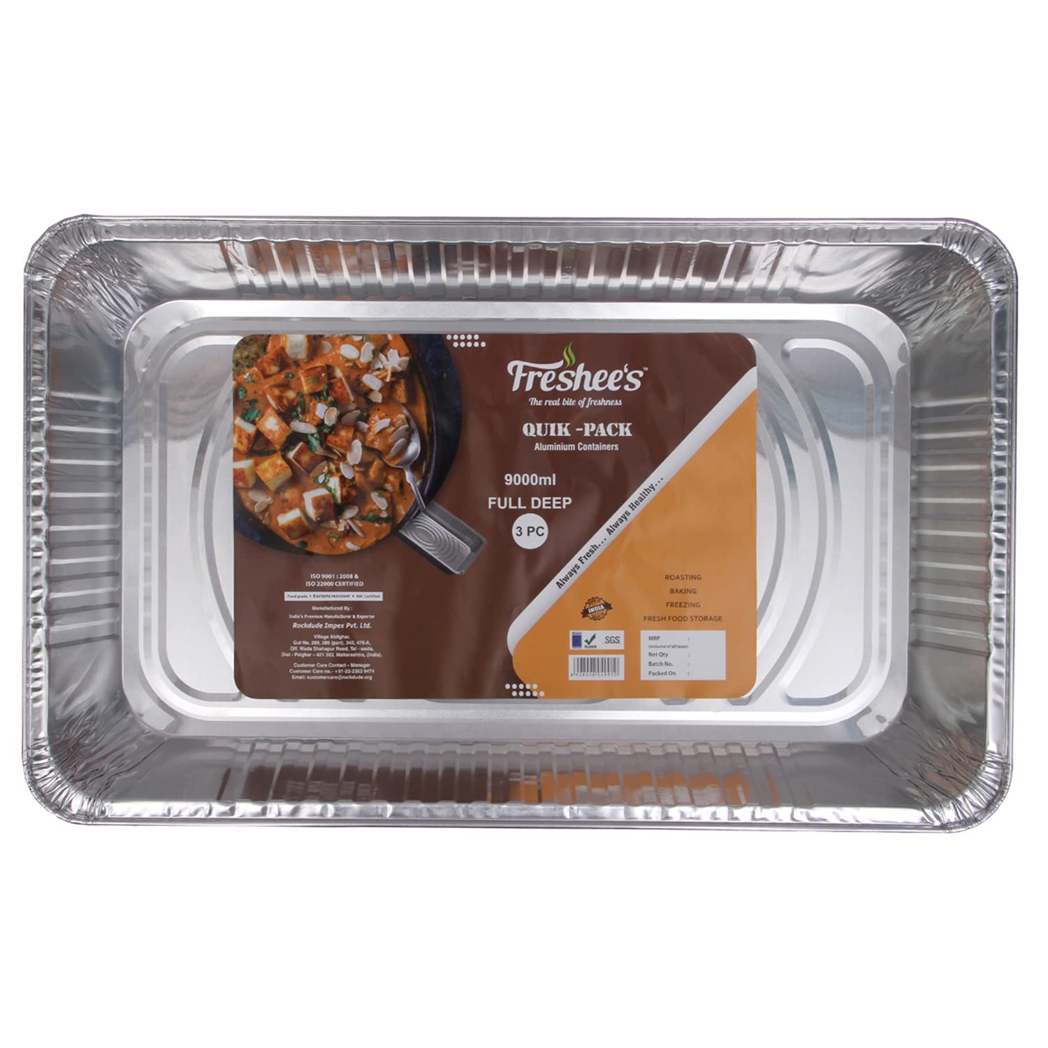 Freshee Rectangle Aluminium Baking Tray 9000 ml (Pack of 3) | Heavy-Duty Food Grade Oven Safe Trays for Baking, Roasting, Grilling & Catering | Big Use & Throw Serving & Storage Containers without Lid