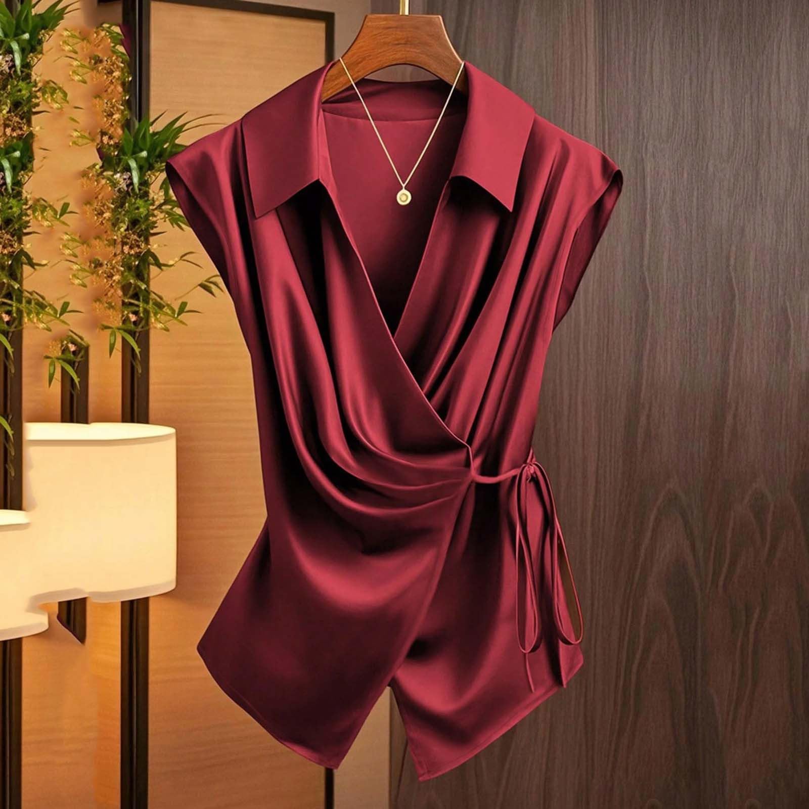 Womens V Neck Satin Blouse Wrap Tie Side Sleeveless Shirt Spring Summer Elegant Business Casual Tops 2026 — view 3
