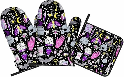 Samgula Juego de manoplas mágicas para horno y ollas de brujería, murciélagos, bruja, misterio, esotérico, resistente al calor, 3 piezas para