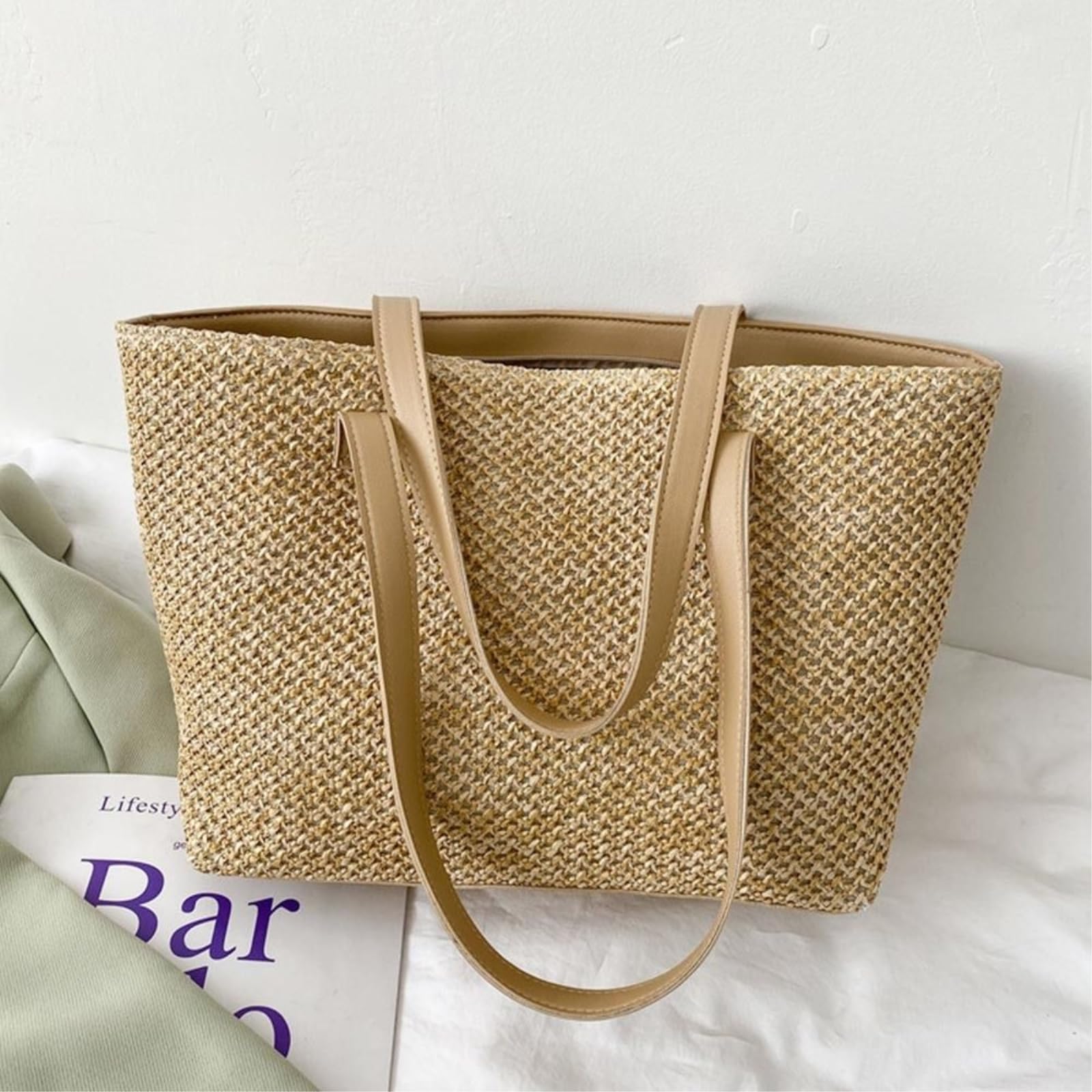 Borsa Spalla Paglia Tote Tessuta Quadrata A Superiore Aperta con Fodera di Grande capacità per La Spiaggia Dell'ufficio dello Shopping Viaggi Giornalieri-Khaki