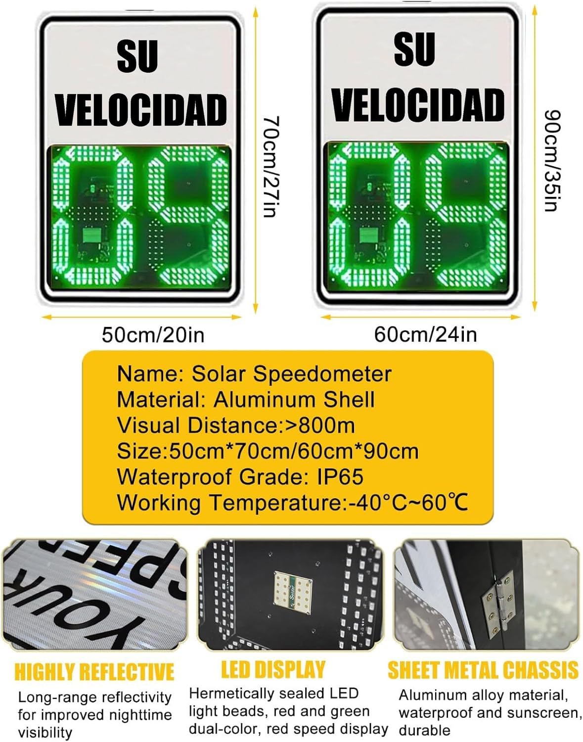 50x70cm/60x90cm Señal trafico Radar Control Velocidad, Energía solar LED Intermitente Cartel Control Velocidad Indicador de velocidad, Kilometraje/Millas Ajustables