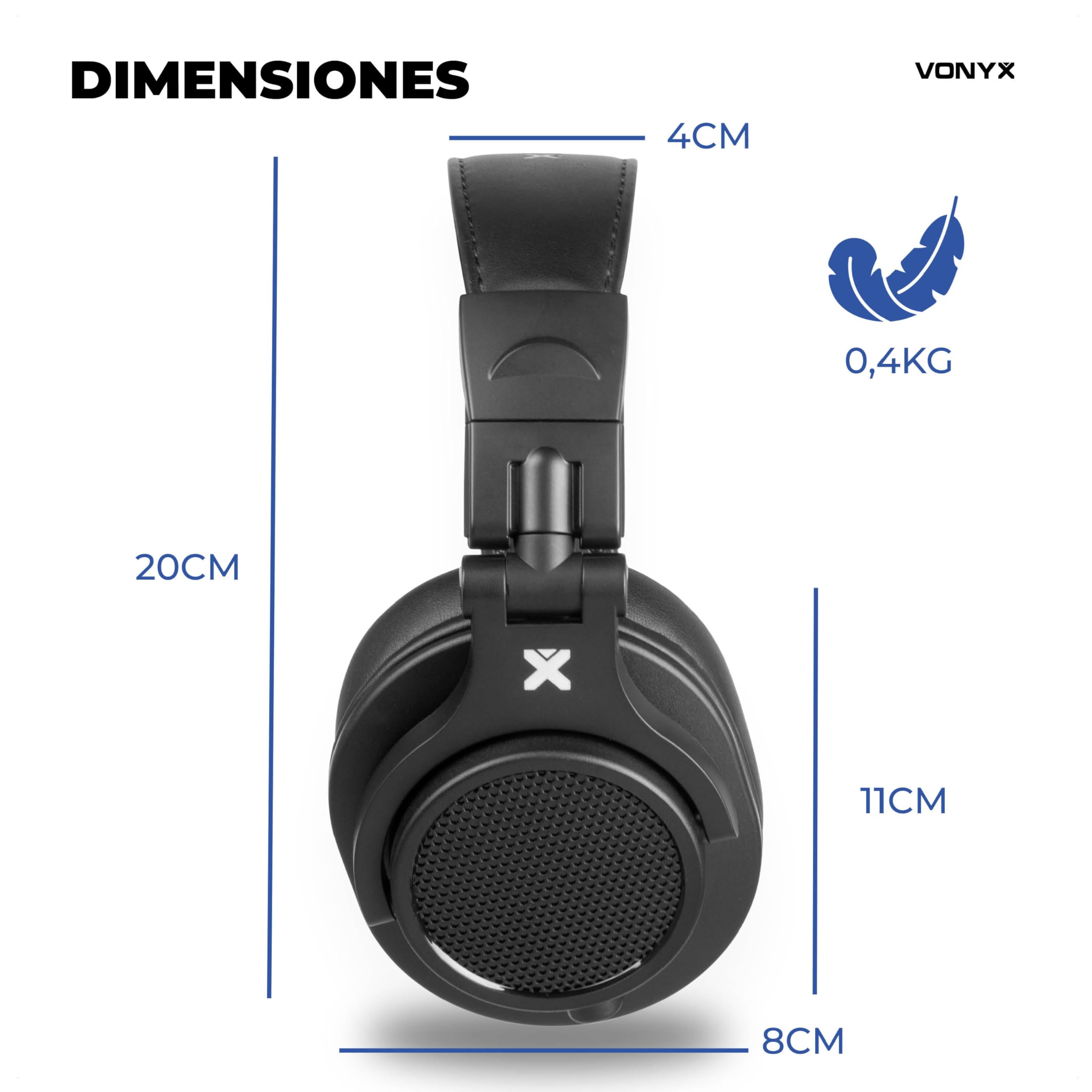 Vonyx HDX120BK – Auriculares DJ con Drivers 40 mm, Dual Ports 3,5 y 6,3 mm, Cable Reversible, diseño Plegable Profesional y Bolsa de Transporte para música y Estudio, Color Negro