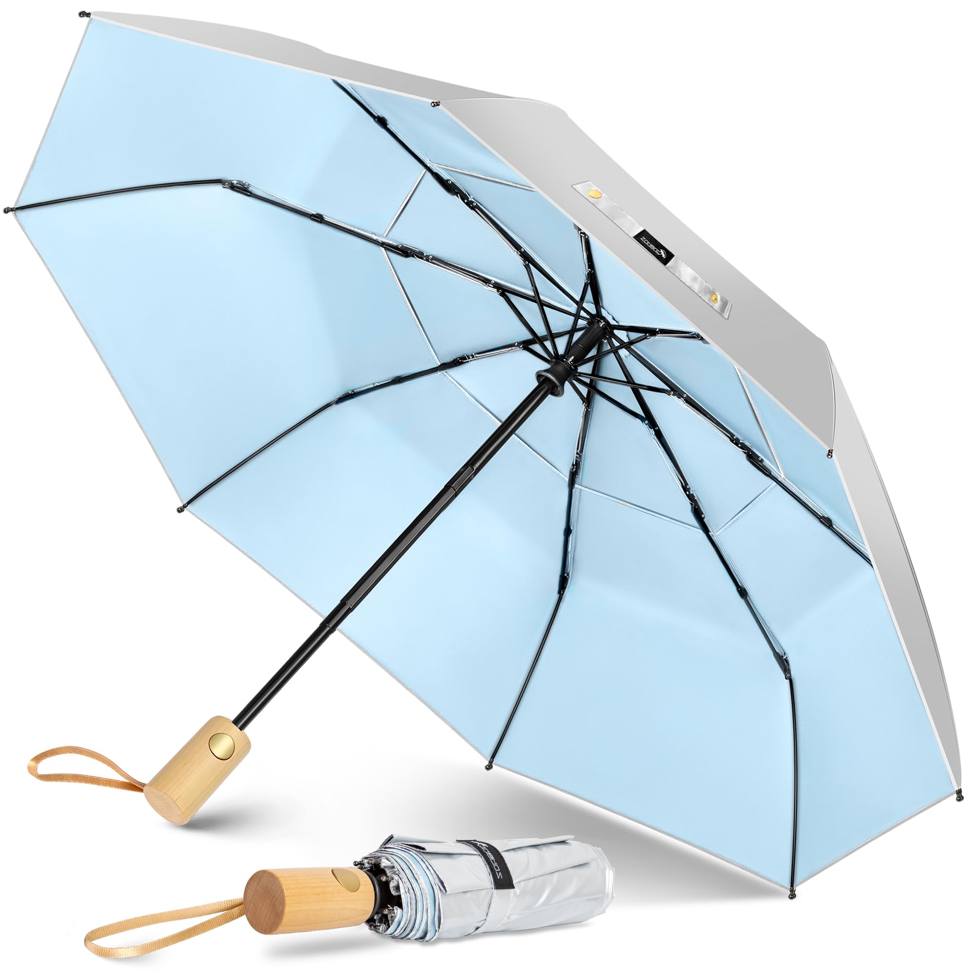 ZOMAKE Parasol Anti Uv,Paraguas Plegable AutomáTico De Sol,Paraguas Compacto Con Mango De Madera Para Hombre Mujer