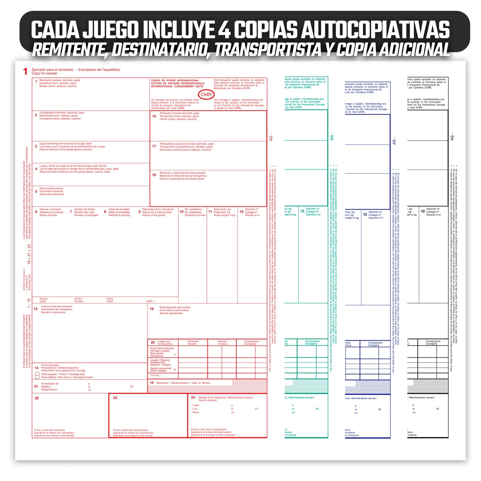 Pack 10 Talonarios CMR Autocopiativos - Transporte Internacional - 4 Copias Numeradas - 25 Juegos Numerados - Cumple con Normativa CMR Internacional (10)