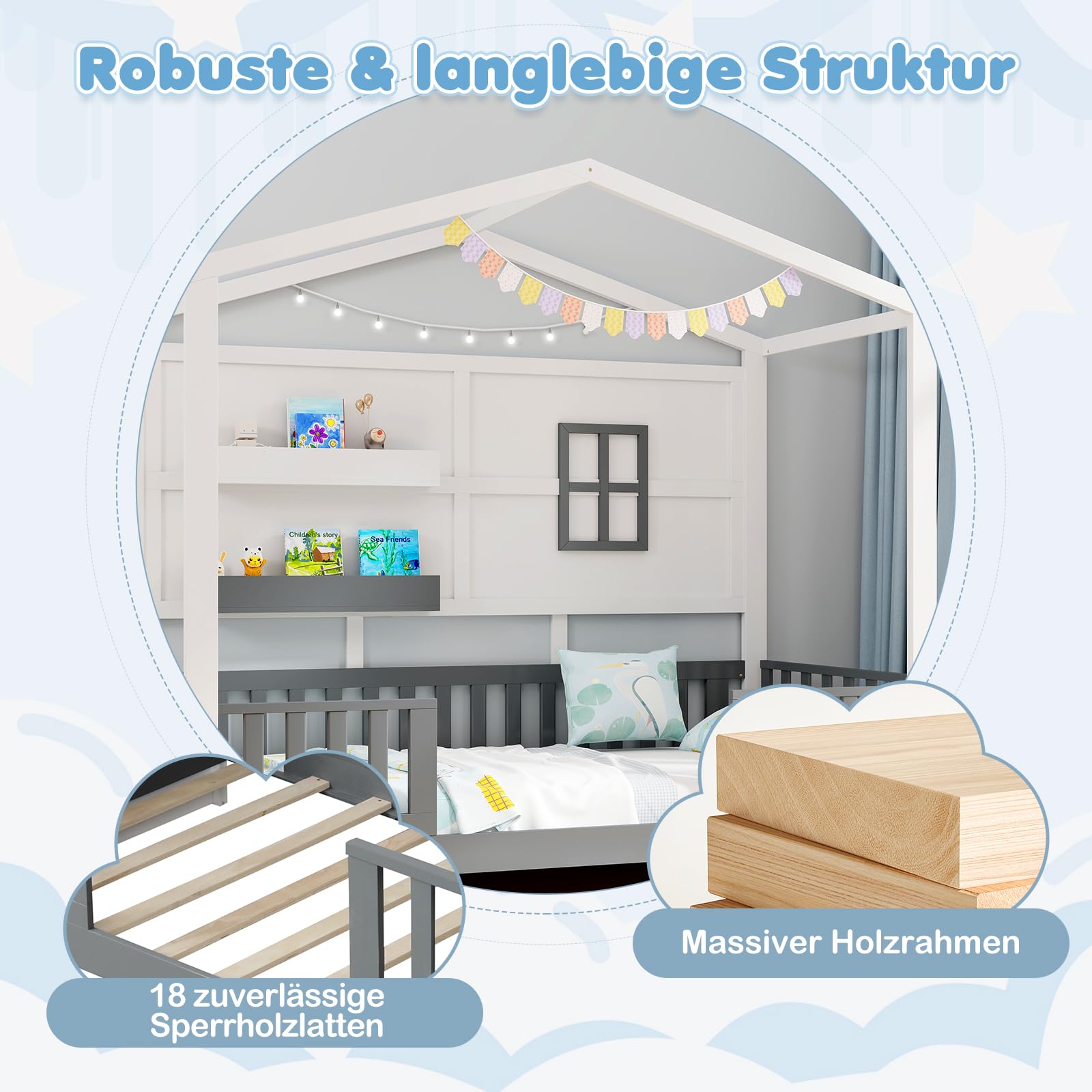 COSTWAY Hausbett 90x200 cm, Kinderbett mit Rausfallschutz und 2 Regalen, Holzbett in Hausform mit Fenster & Lattenrost, Montessori-Bodenbett, Weiß + Grau