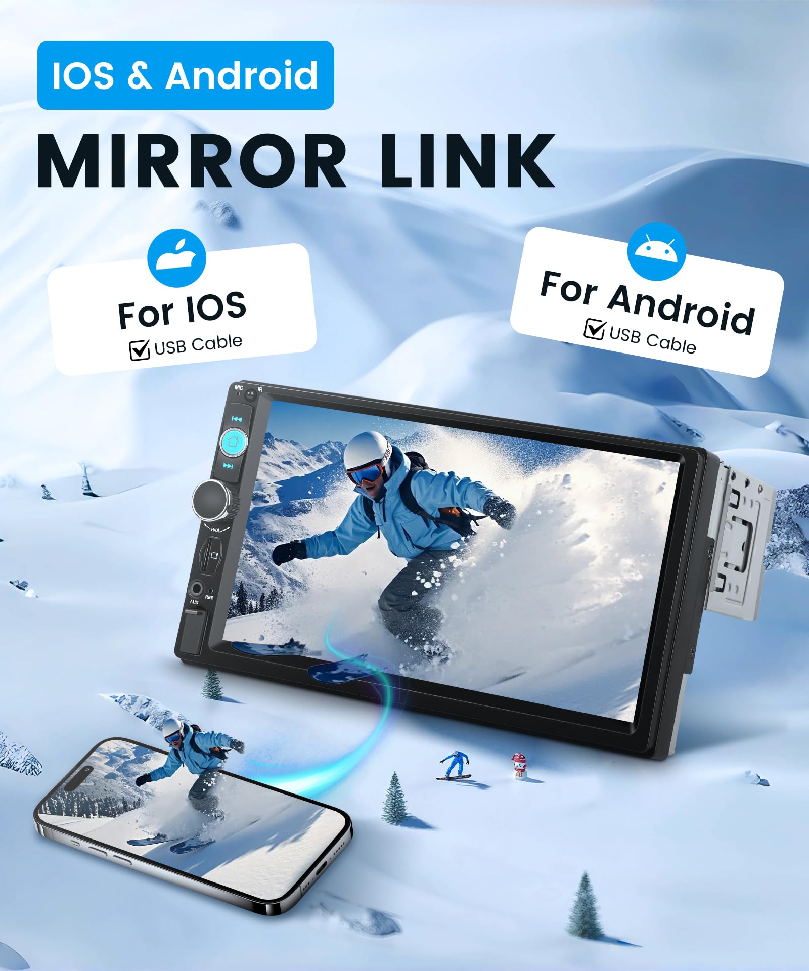 sans Fil Carplay Autoradio 1 Din avec You-Tube sans Fil Android Auto iOS/Android Mirror Link 7 Pouces Écran Tactile Autoradio avec Bluetooth FM Radio USB/AUX/EQ Commande au Volant Caméra de Recul