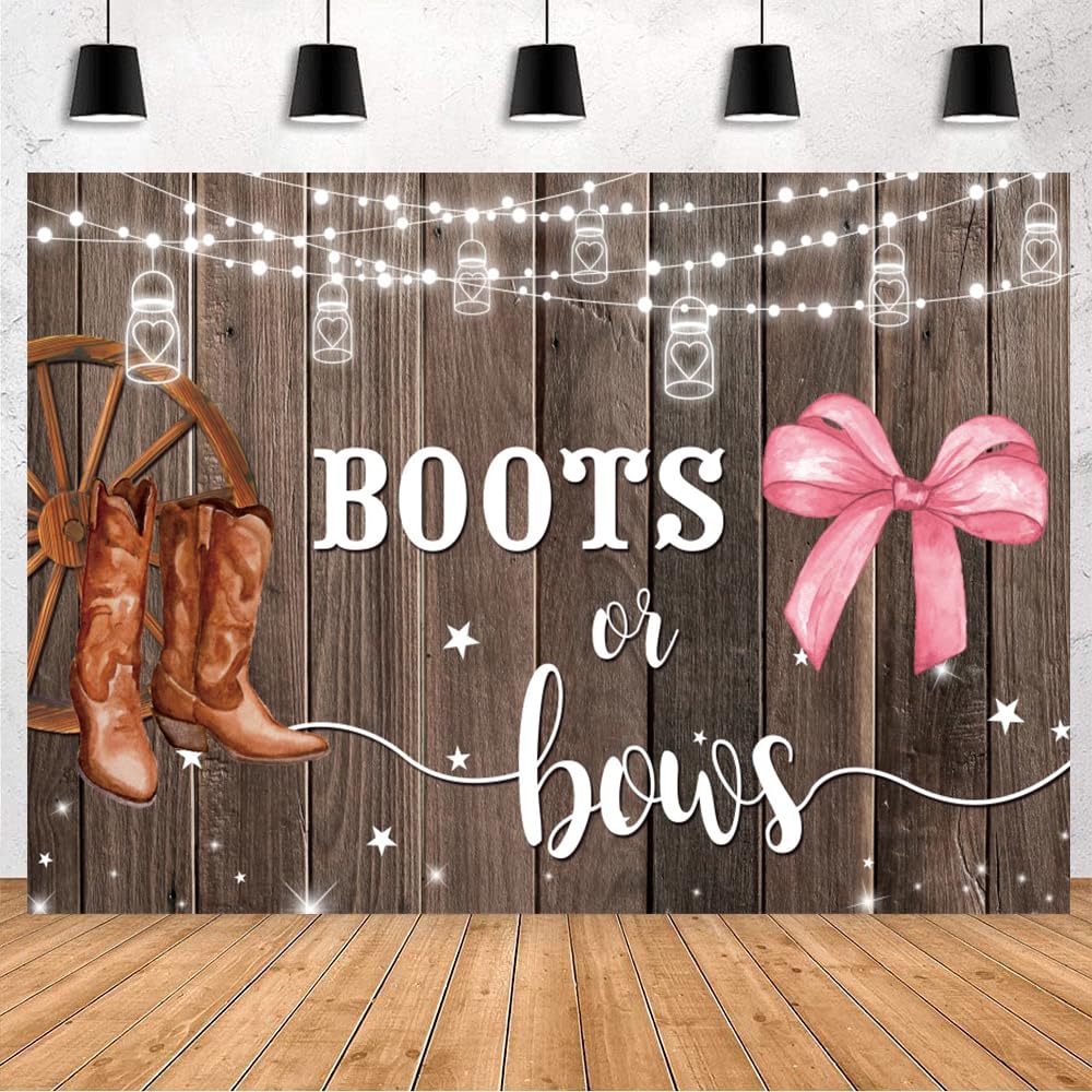3.6x3m Toile de Fond Gender Reveal Bottes ou nœuds Rustique Bottes de Cow-Boy en Bois Marron arcs Roses arrière-Plan Photographique Gender Reveal Baby Shower Party Decorations Banner