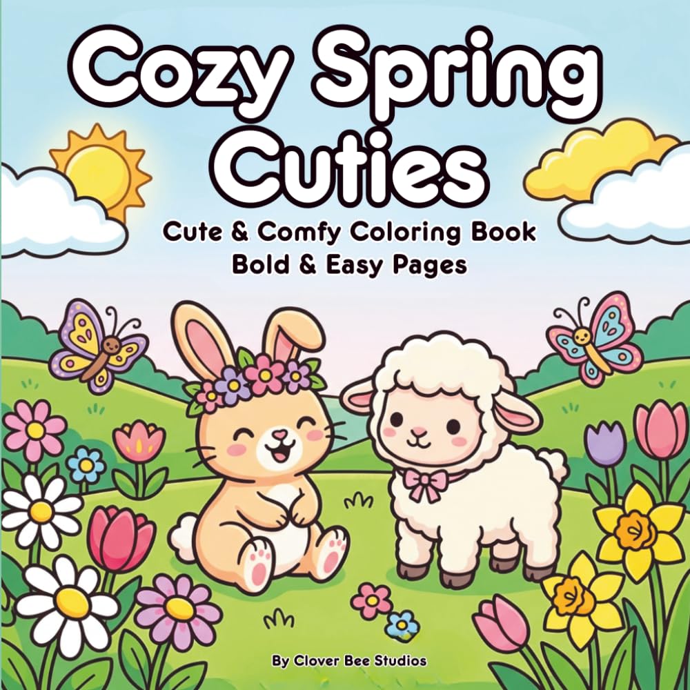 Cozy Spring Cuties: A Cute and Comfy Coloring Book with Bold and Easy Pages, Baby Animals, Flowers, and Butterflies
