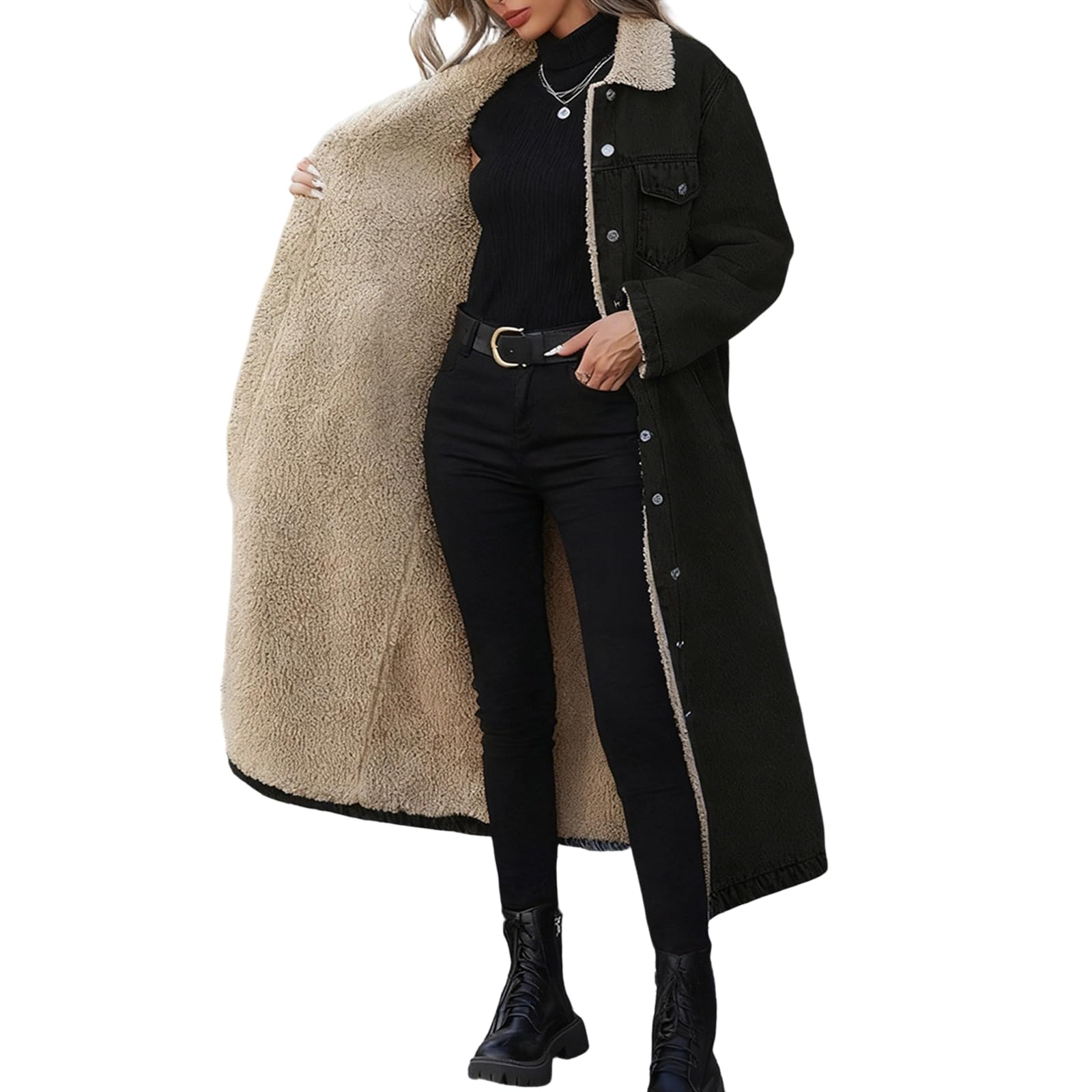 Jeansjacke Damen Lang Winterjacke Gefüttert Fleecejacke Ohne Kapuze | Wintermantel Damen Lang Warm Gefüttert Jeansjacke Fleece Jacke Frauen Mit Knöpfen Mantel Jeans Übergangsjacke Mit Taschen