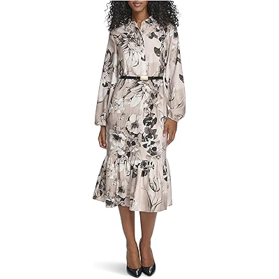Платье Calvin Klein Long Sleeve Dot Crepe Belted Bubble Hem Midi