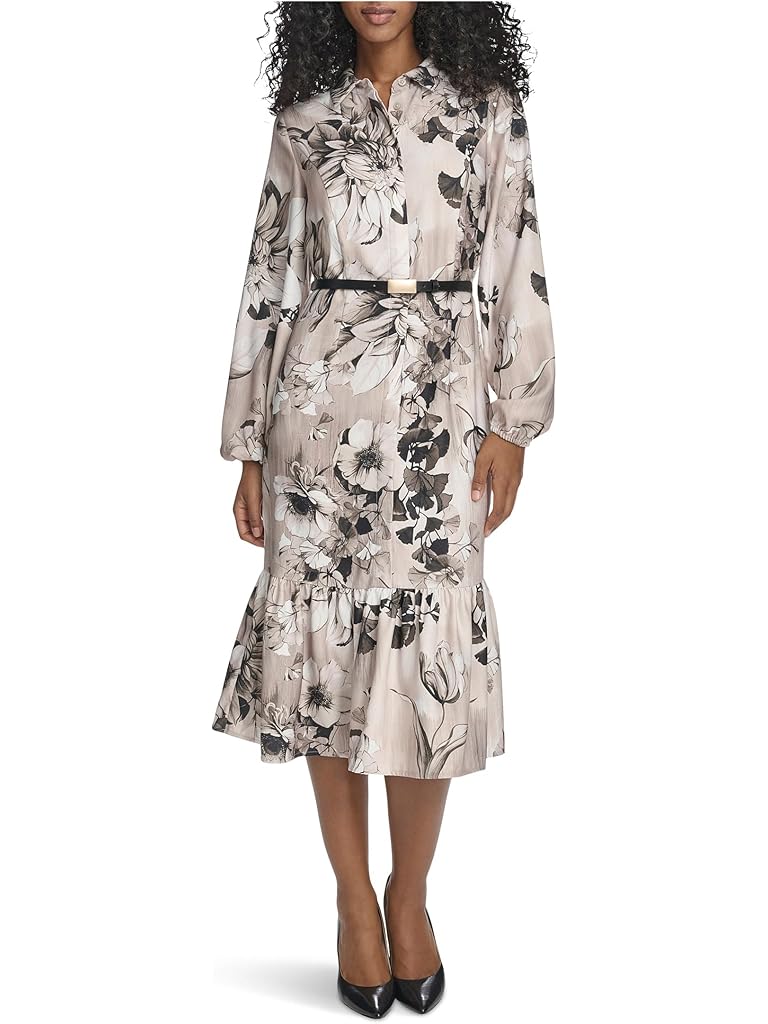 Multi Calvin Klein Long Sleeve Dot Crepe Belted Bubble Hem Midi