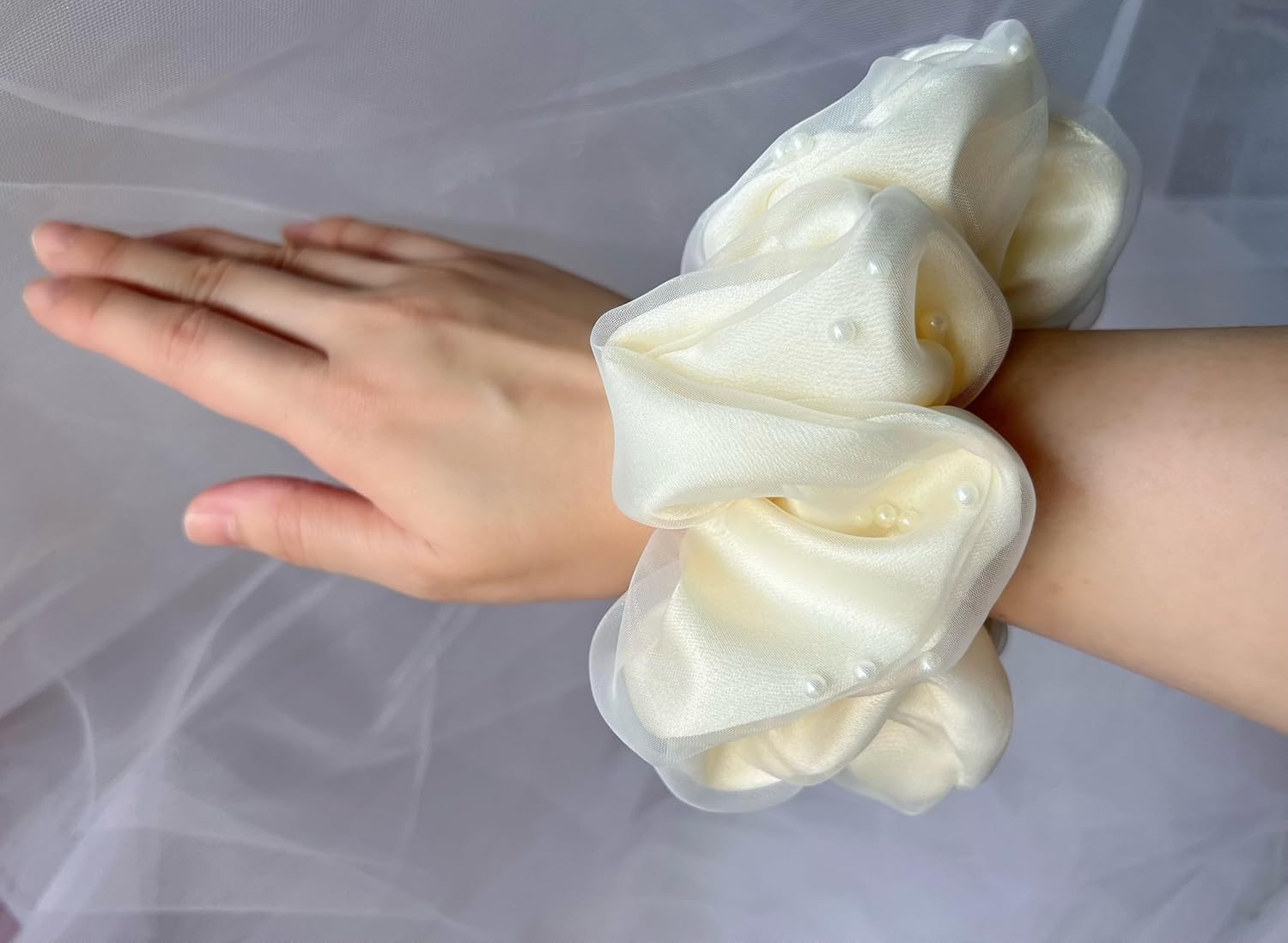 Organza Jumbo Scrunchie for Hair, Oversized Tulle Ruffle Elastic Hair Tie Scrunchie for Women, with Gracefully Shifting Pearls Design - 3 PCS (Colors: Ivory, Bronze, Red)