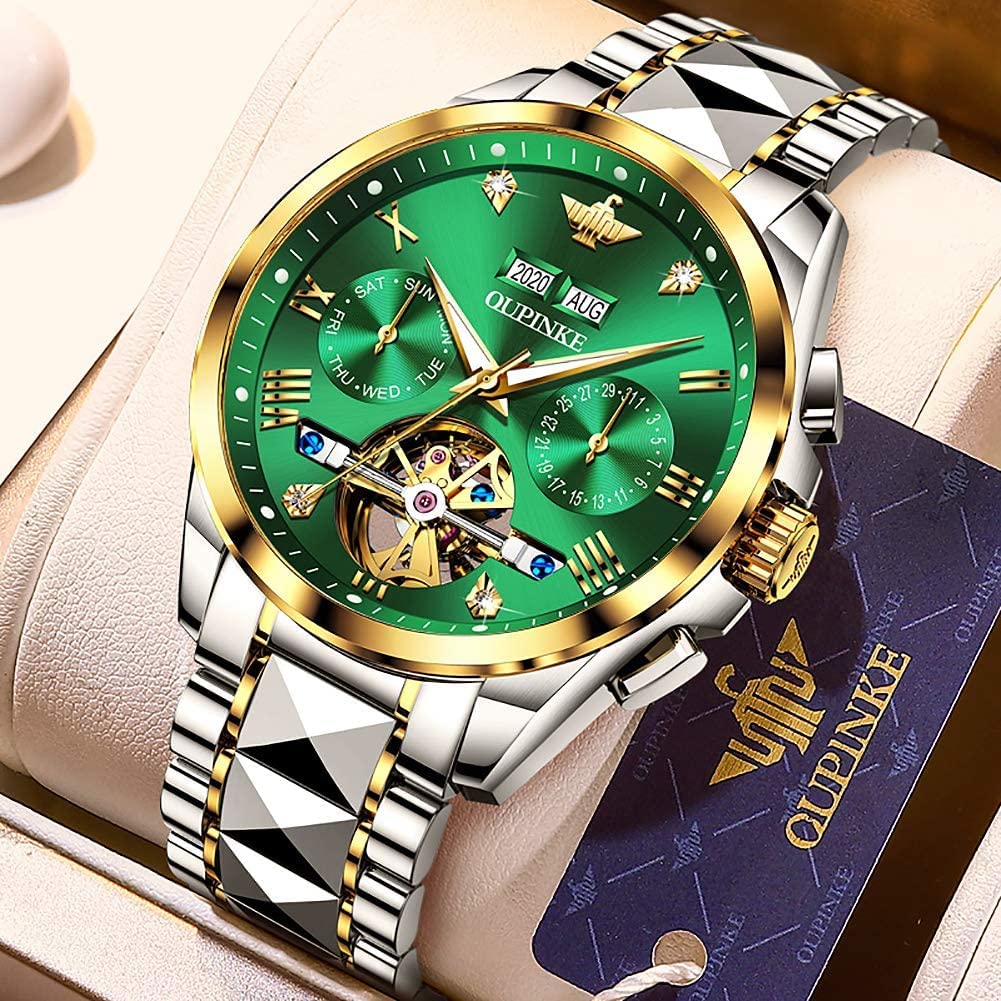 OUPINKE Herrenuhren Automatik Skelett Mechanische Armbanduhr mit Diamanten Tourbillon Wasserdicht Luminous Tag Datum Schwarz Edelstahlarmband