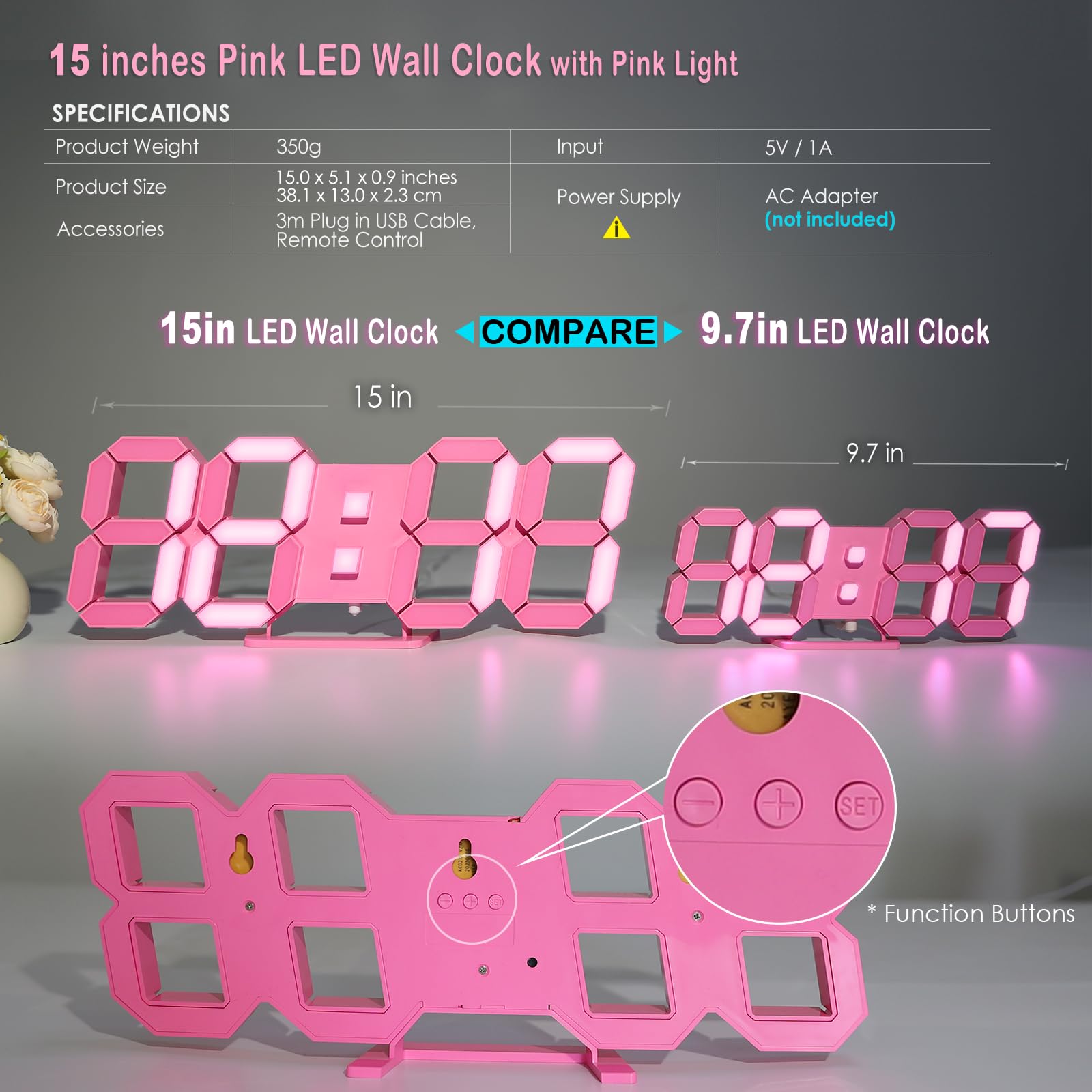 KOSUMOSU Pink LED Clock Wall Clock 15