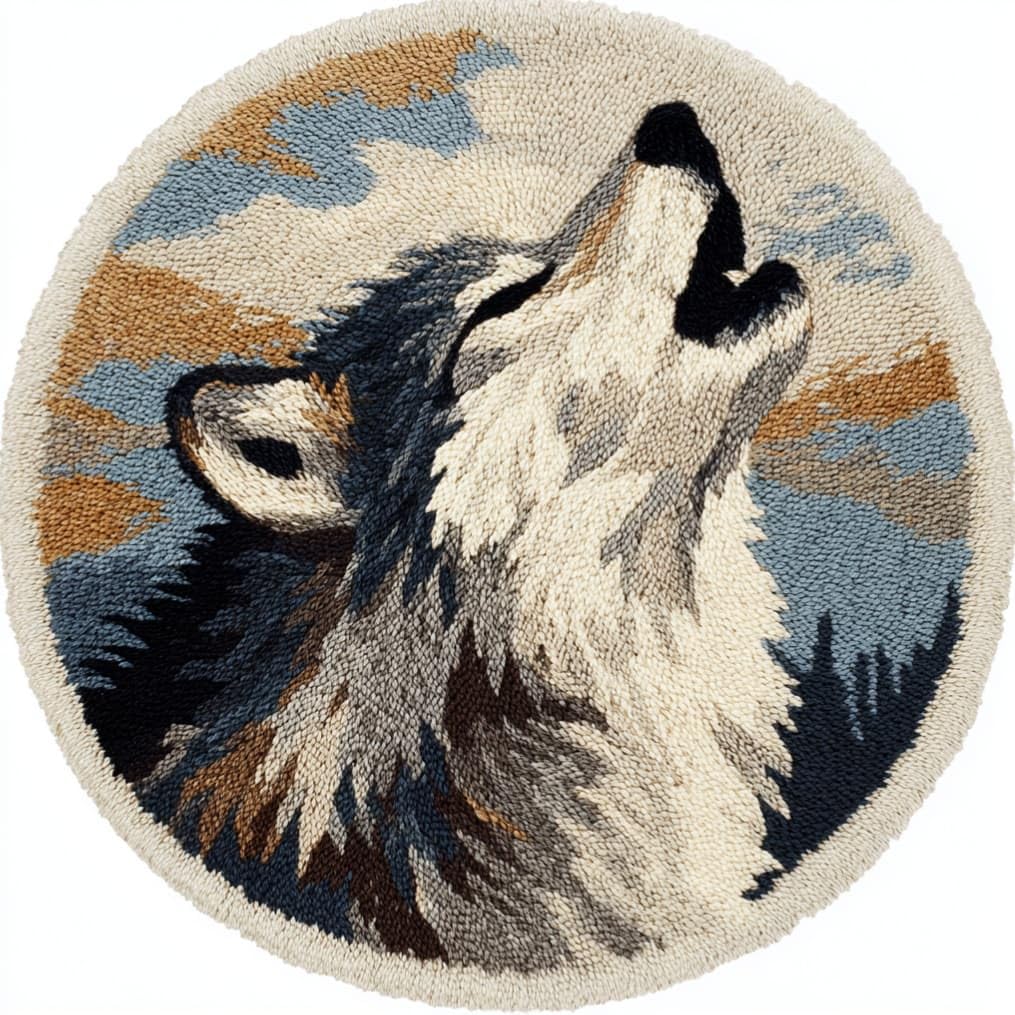 kitphoenix Round DIY Latch Hook Rug Kits Wolf 20X20Inch (50X50Cm) Easy for Beginners Round Carpet Crochet Yarn Craft Large Rug Hook and Latch Tapestry for Home Decor