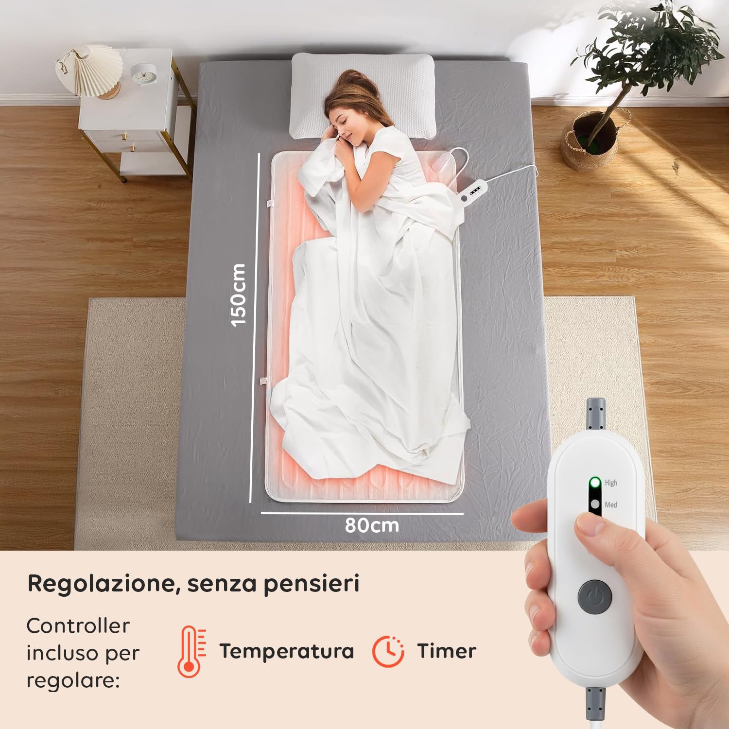 Wintem - Comfy+, Coprimaterasso Scaldaletto Singolo 150x80 cm Termico, Coperta Termica elettrica con 4 livelli di temperatura, Termocoperta