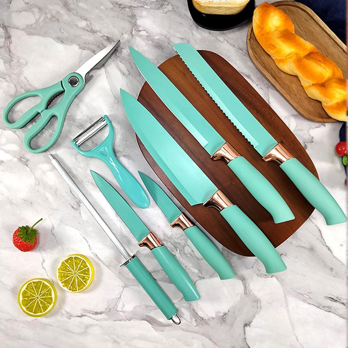 Knife Set, 9 Pieces Sharp Kitchen Knives Set with Rotatable Block, Non Stick Stainless Steel Chef Knife Set with Sharpener for Kitchen, Cooking Tools for Chefs Home Cooks (Green)