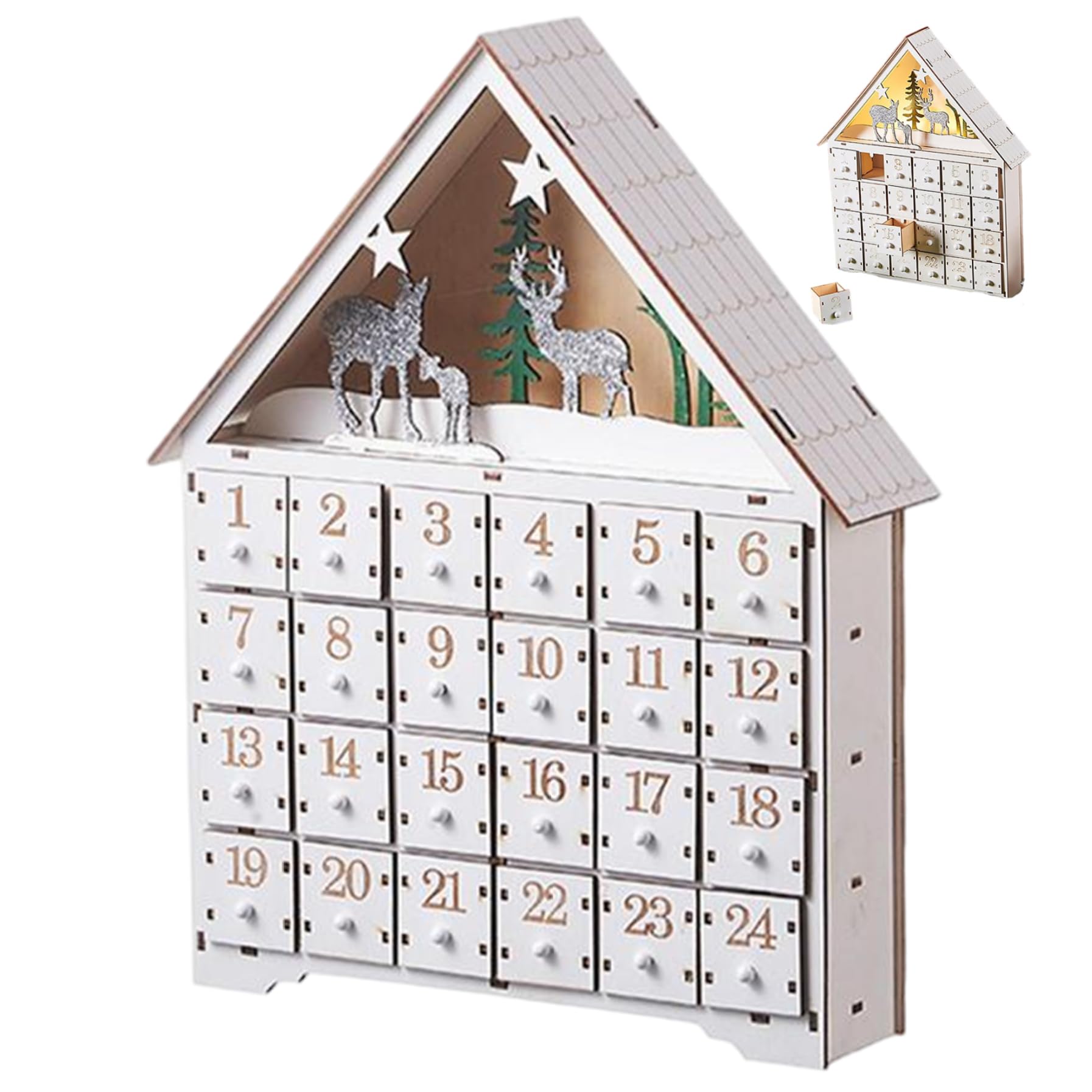 Calendario dell'Avvento in legno con cassetti e luci a LED Conto alla rovescia per 24 giorni Calendari dell'Avvento vuoti da riempire per decorazioni natalizie Calendario vuoto