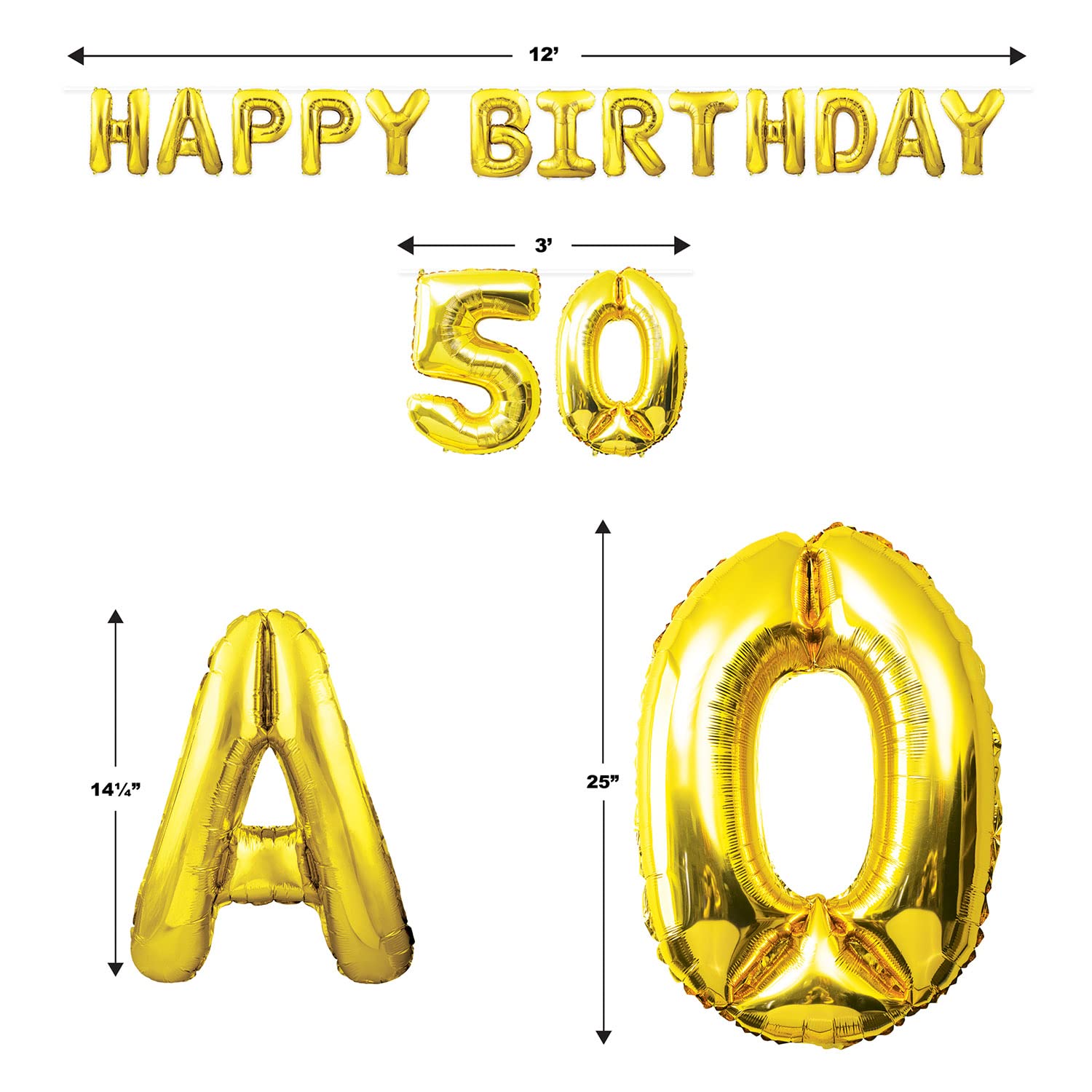 Beistle Paquete de telón de fondo de cumpleaños número 50 – Pancarta dorada de globos de aluminio "Happy Birthday 127.0 cm, globos de estrella con borlas y 2 cortinas de flecos negros, 8 x 3 pies
