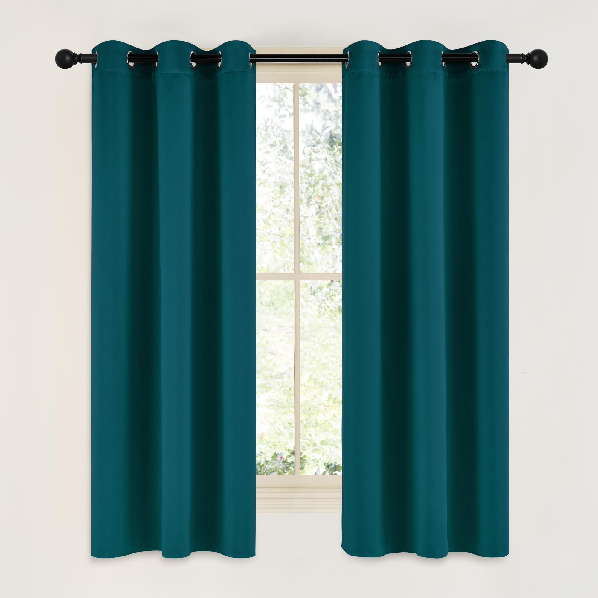 NICETOWN Teal Blackout Cafe Faux Silk Curtains for Small Windows, 42" Wide by 63" Long, 2 Panels, Grommet Thermal Insulated Blackout Satin Drapes for Bedroom