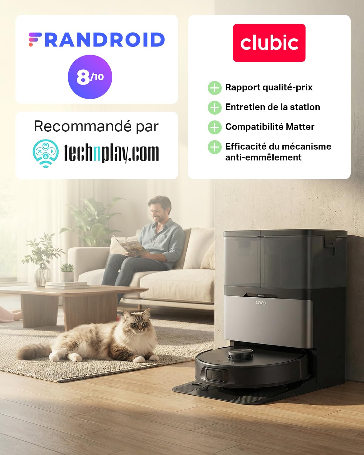 Tapo Aspirateur Robot Laveur RV50 Pro Omni, Station Auto-Nettoyante, Ultra puissante 15 000 Pa, Lavage à l’Eau Chaude 60 °C & Séchage Air Chaud, Navigation LiDAR Double Laser, Tapis et Poils d’Animaux