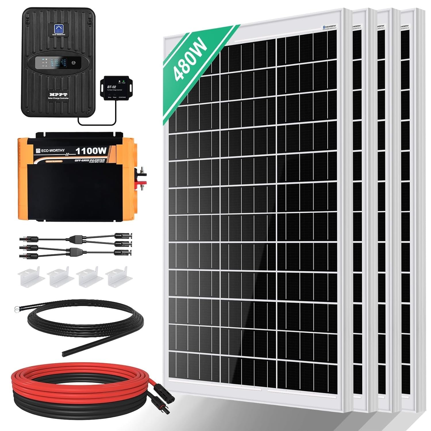 ECO-WORTHY 2KWH - Impianto solare completo 480 W 12 Volt per RV Off Grid con batteria e inverter: pannello solare da 480 W + regolatore di carica MPPT da 40 A + inverter da 1100 W