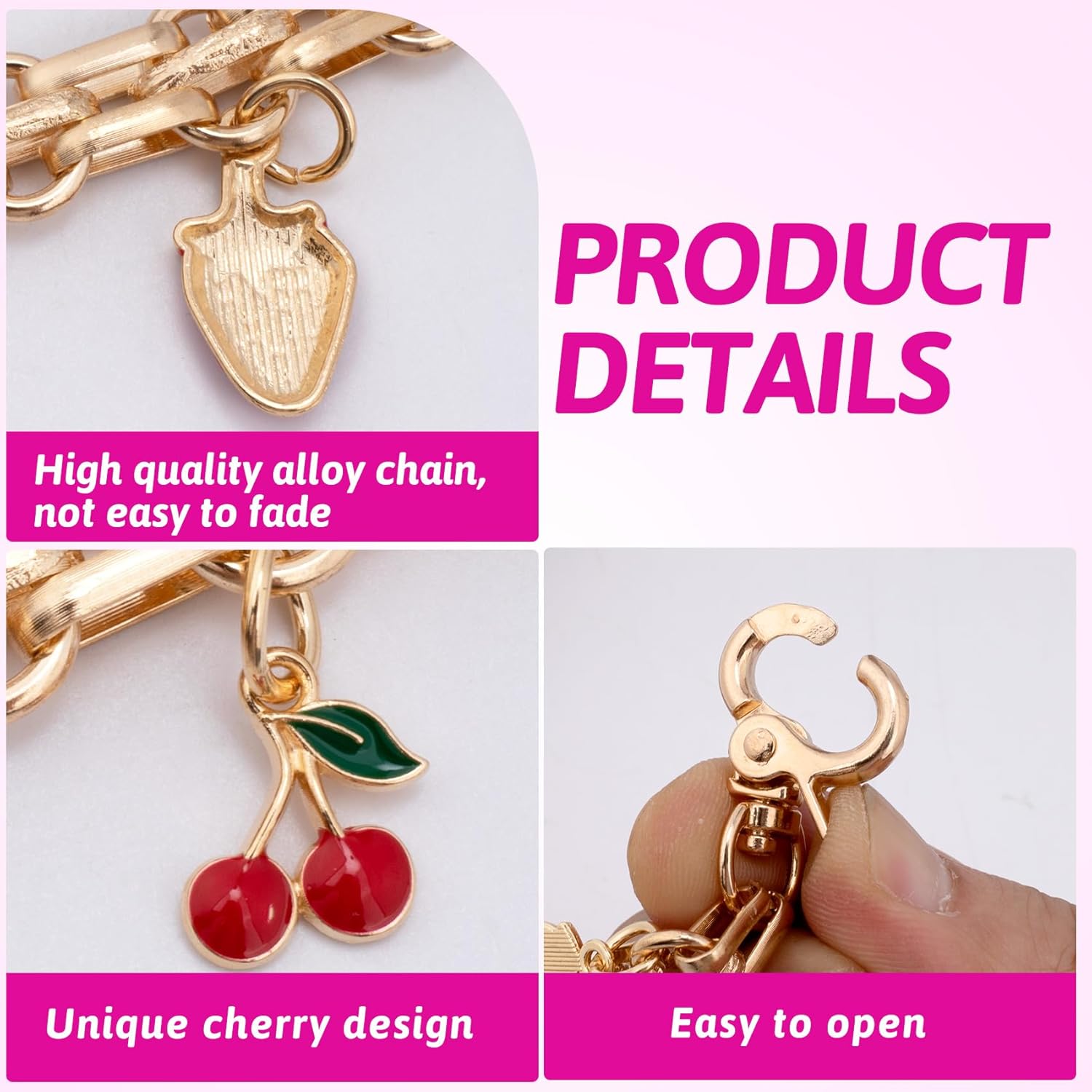 2pcs Purse Charm Chain with Fruit Enamel Pendant, 2 Sizes Strawberry Cherry Apple Bag Extension Chain for Women, Decorative Replacement Purse Strap Extender Chains for Handbags, Shoulder Bags - Image 3