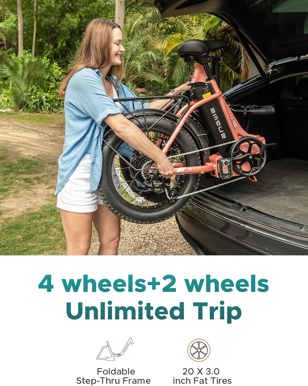 Person folding an ENGWE L20 2.0 electric bike to fit into a car trunk.