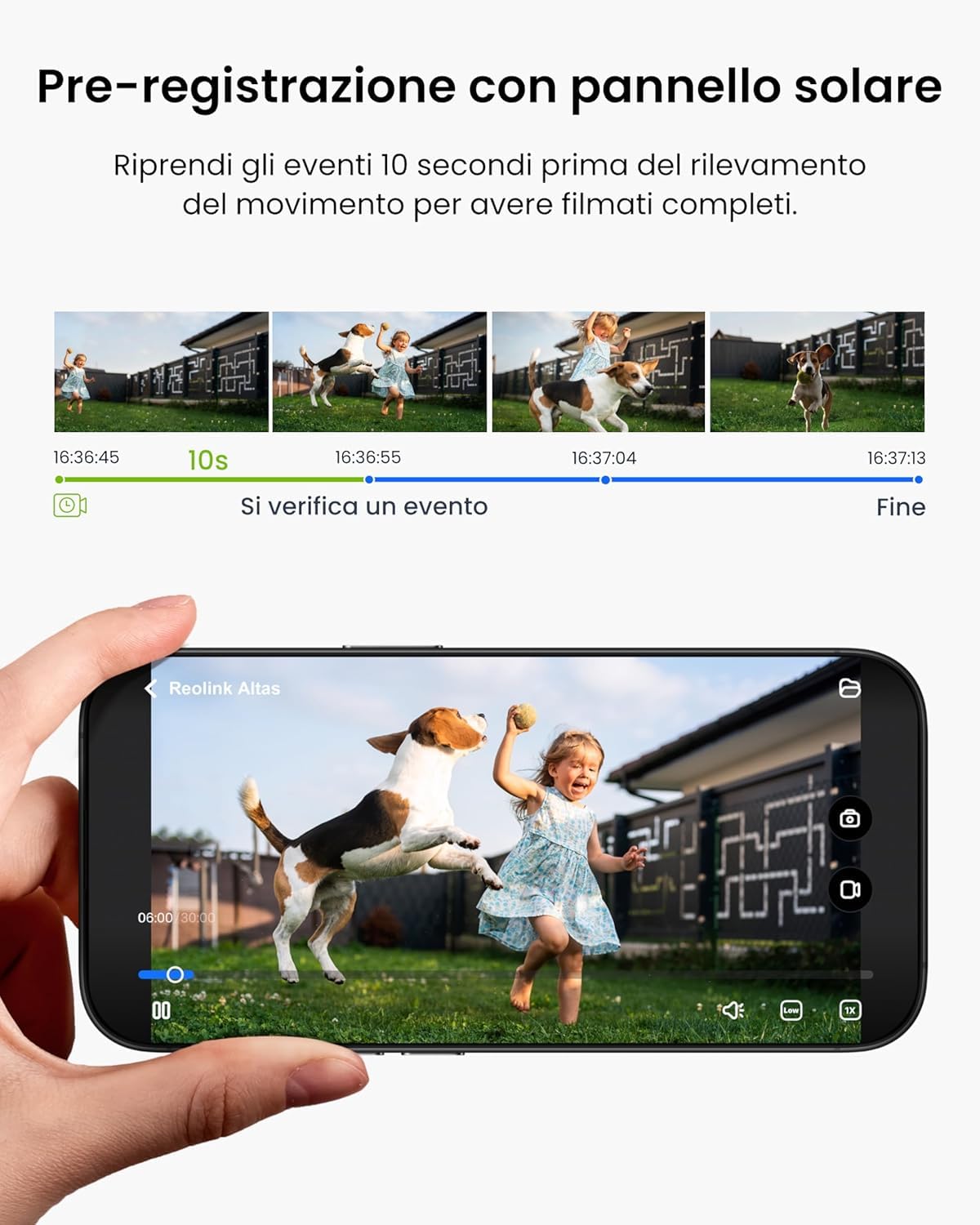 Reolink Altas, Telecamera WiFi Esterno Senza Fili 2K con Pannello Solare | Pre-registrazione, 4MP Visione Notturna ColorX, Batteria 20000mAh, AI Persone/Veicoli/Animali, 5GHz per Sorveglianza Esterna