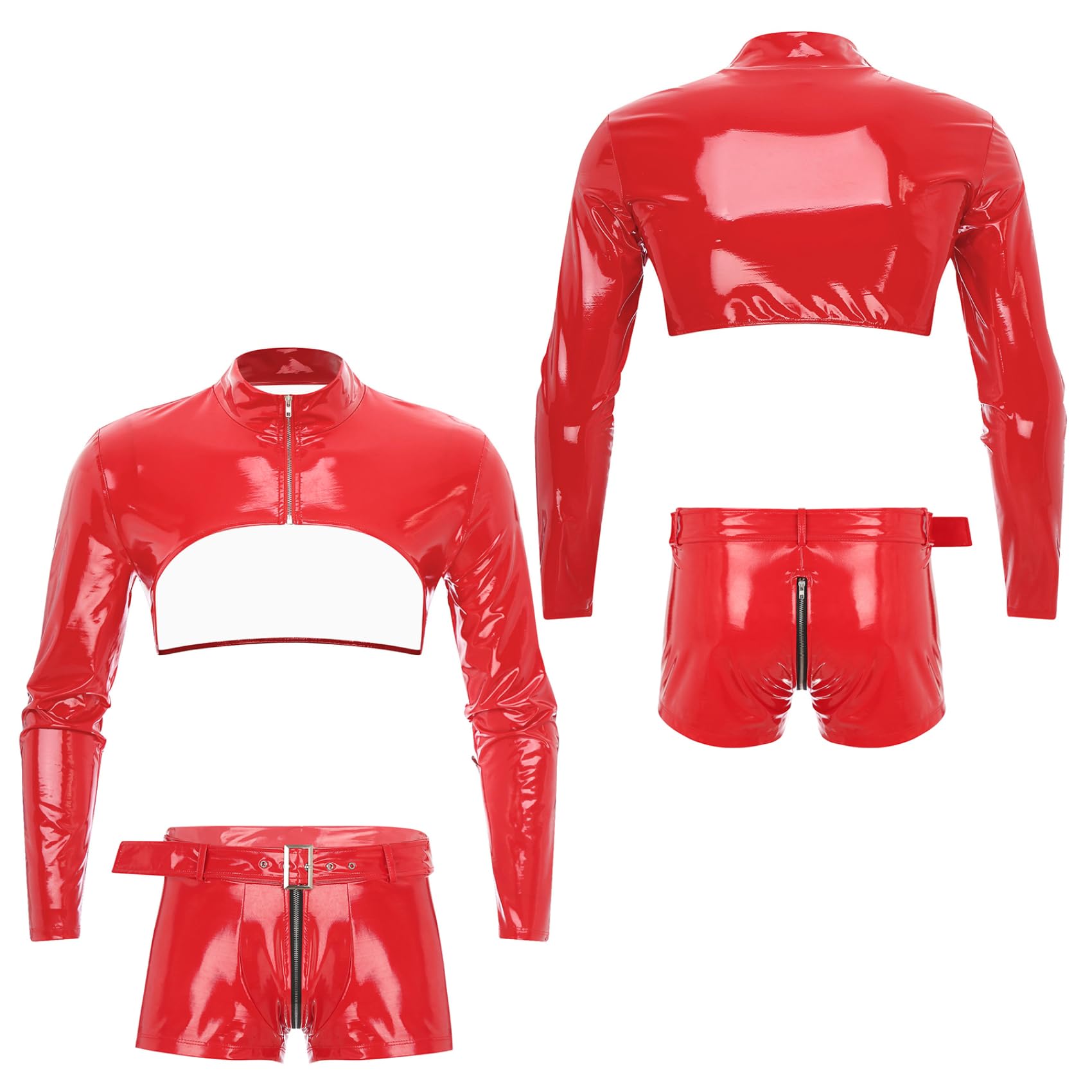 Męskie Wetlook Bielizna Erotyczna Bielizna Lakierowana Skóra Babydoll Crop Top odkrywające bokserki ze skóry PU, Czerwona, M