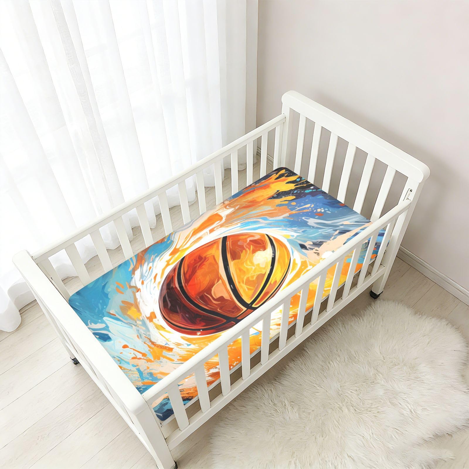 Baloncesto De Dibujo A Mano Espacio Sábana de Cuna para Niños Pequeños,Sábanas de Algodón Suave para Bebés Aptas para Colchón Corralito