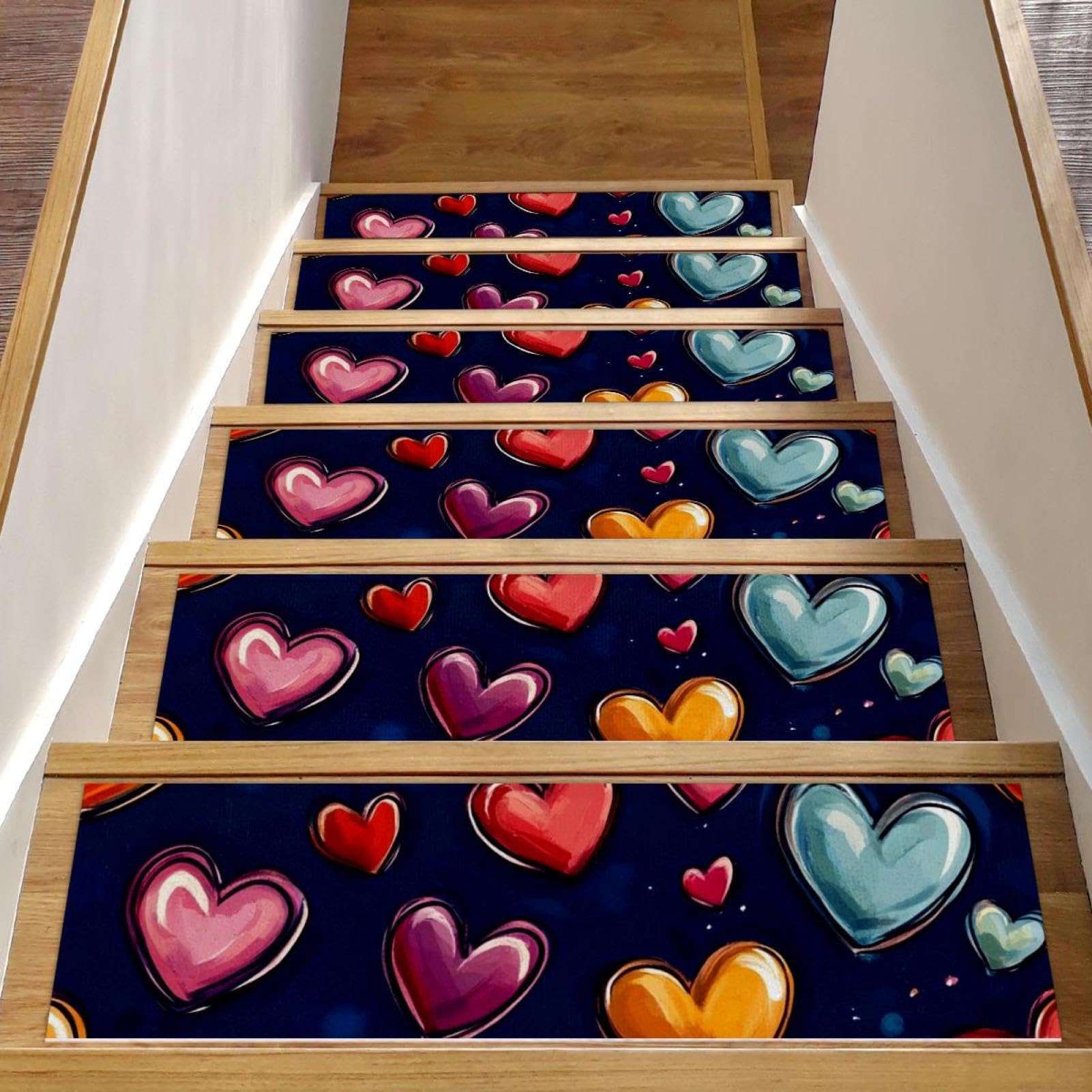 Tapis de marches d'escalier antidérapants bleu foncé motif cœurs protection escalier 76x20cm