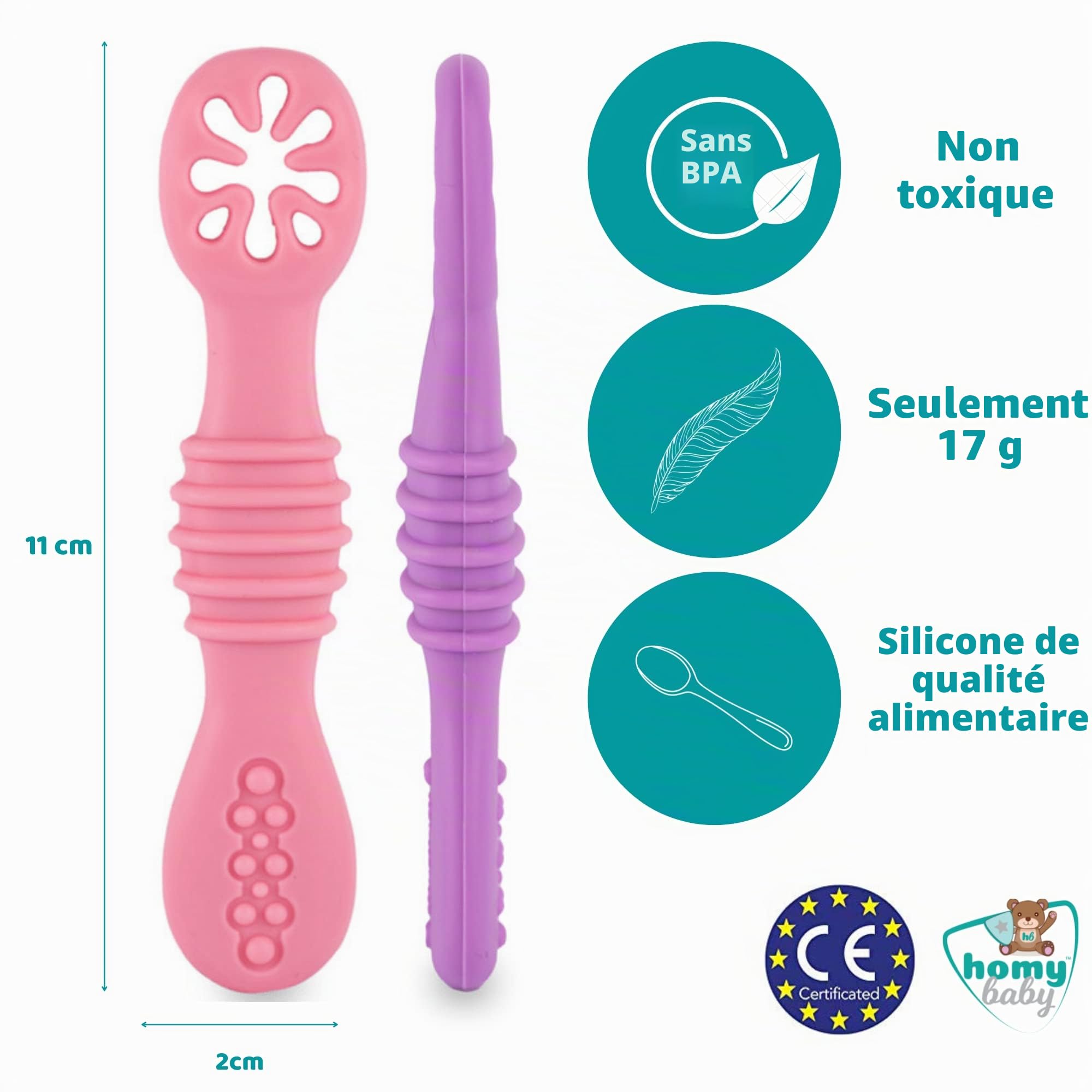 HOMYBABY® Cuilleres Bebe 1er Age - Cuillere Bébé Apprentissage en Silicone Alimentaire LFGB - Pre Cuillere DME bebe - Couverts Adaptés à la Dentition