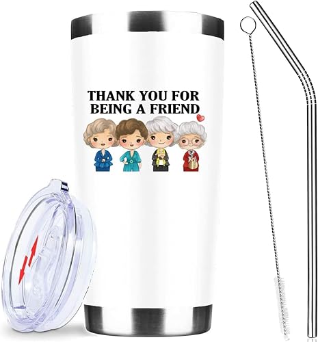 Thank You for Being A Friend Mug - Golden Girls Merchandise Gift for Friends, Friendship Birthday Mothers Day Gifts for Women Buddies Besties - Iced Coffee Tumbler Cup with Lid Straw 20 OZ (White)