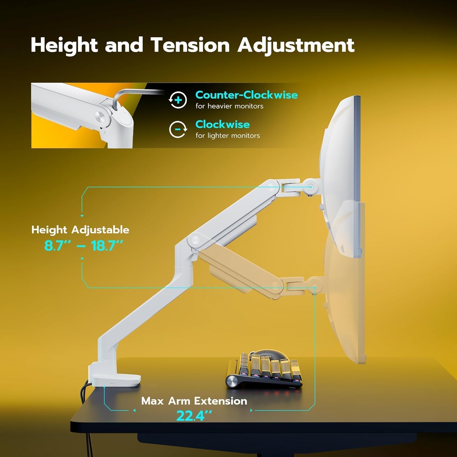 ARES WING Ultrawide Monitor Arms White with USB A/C, Heavy Duty Monitor Arm for 17 to 49 inch Screen, Holds 44 lbs, Adjustable Gas Spring Desk Mount with Clamp and Grommet Base