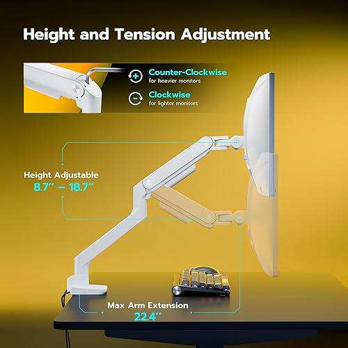 Miniatura 6 de ARES WING Brazo de monitor ultra ancho blanco con USB AC, brazo de monitor resistente para pantalla de 17 a 49 pulgadas, soporta 44 libras, soporte