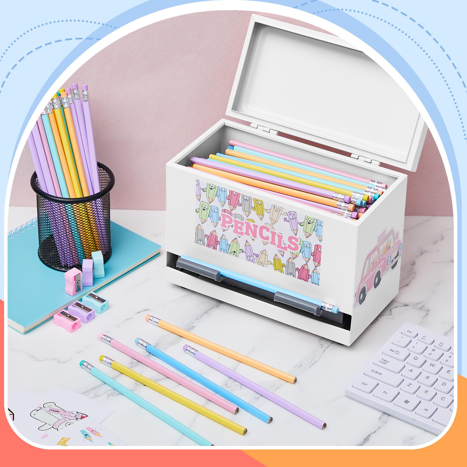 Ctosree Kit dispenser per matite in acciaio inox, 157 pezzi, con 50 matite, 50 temperamatite, 6 adesivi, portapenne in metallo fai da te, scuola e aula (bianco opaco)