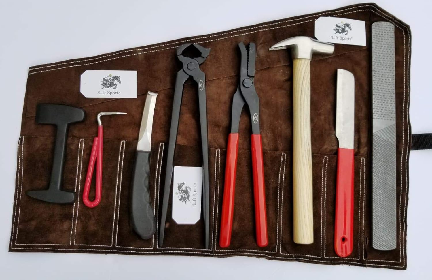 Professional Heavy Duty Horse Farrier Tools Kit Hoof Nipper Clincher Rasp Hammer Knife Forge Nail Grooming Kit with Leather Roll Up Wallet