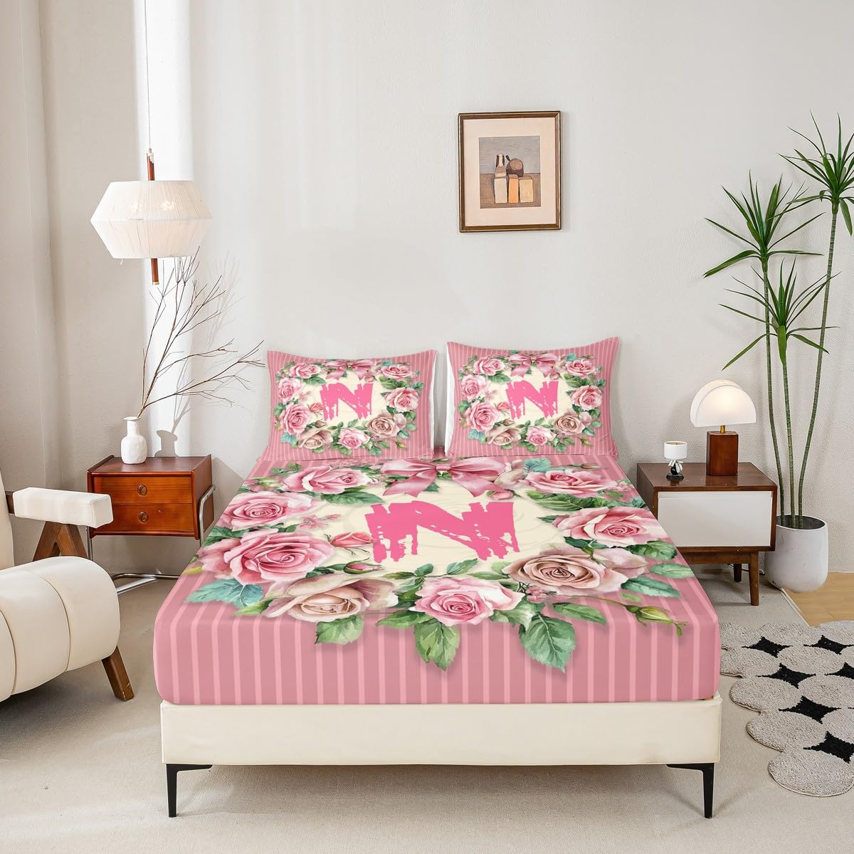 Homewish Juego de ropa de cama con diseño de flores, tamaño King, sábana bajera con diseño floral del alfabeto, lazo, monograma, de madera rosa, para niños y mujeres, ropa de cama cálida y suave, 3