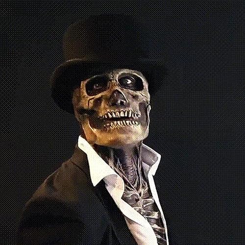 Vista 6 de LIANGLIDE Máscara de calavera espeluznante de Halloween, máscara de esqueleto de cabeza completa aterradora, máscara espeluznante con sombrero