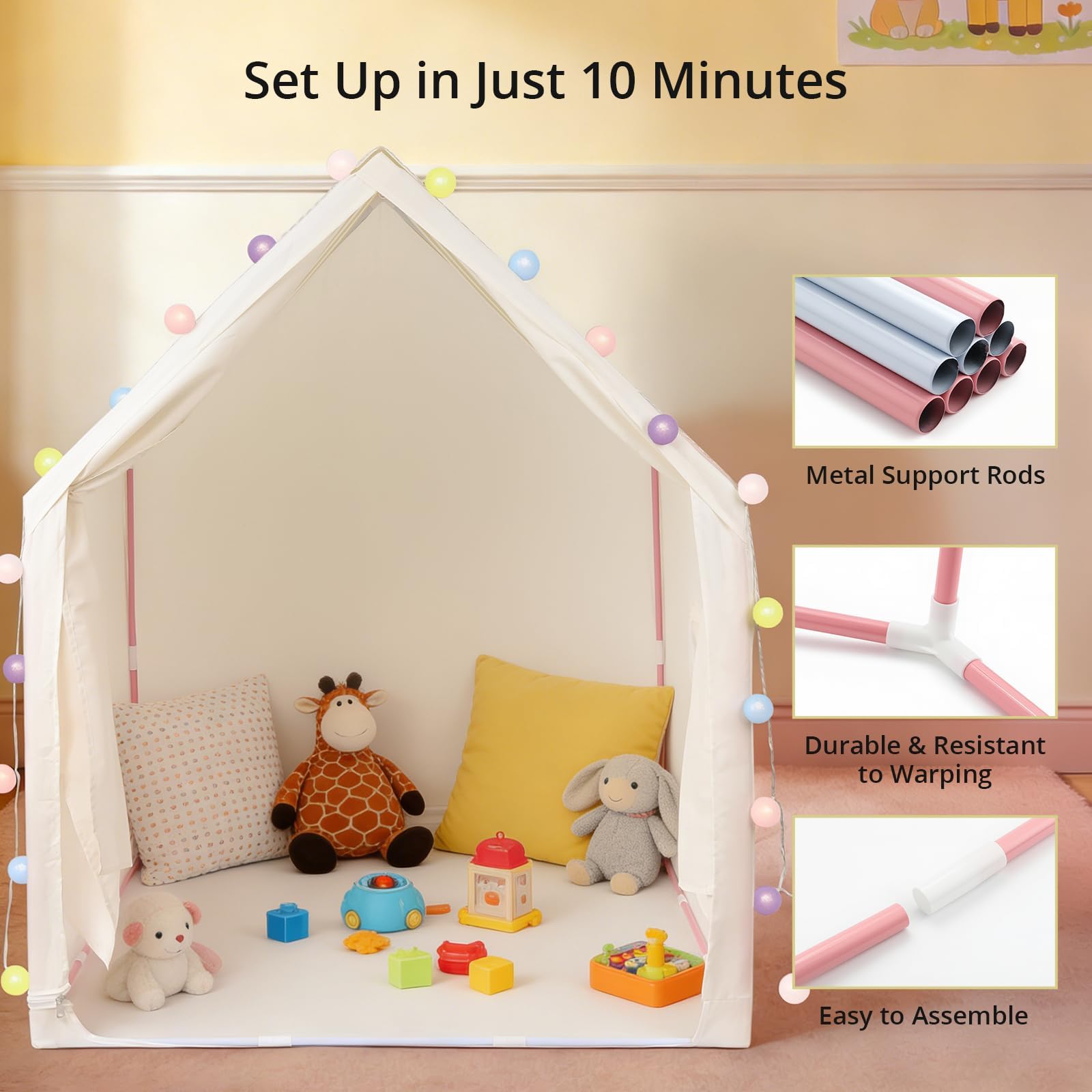 Anbte Tenda per bambini con luci, casetta giocattolo per bambini, spaziosa e portatile, per interni ed esterni, tenda da gioco per bambini a partire dai 3 anni, facile da montare, asta in metallo