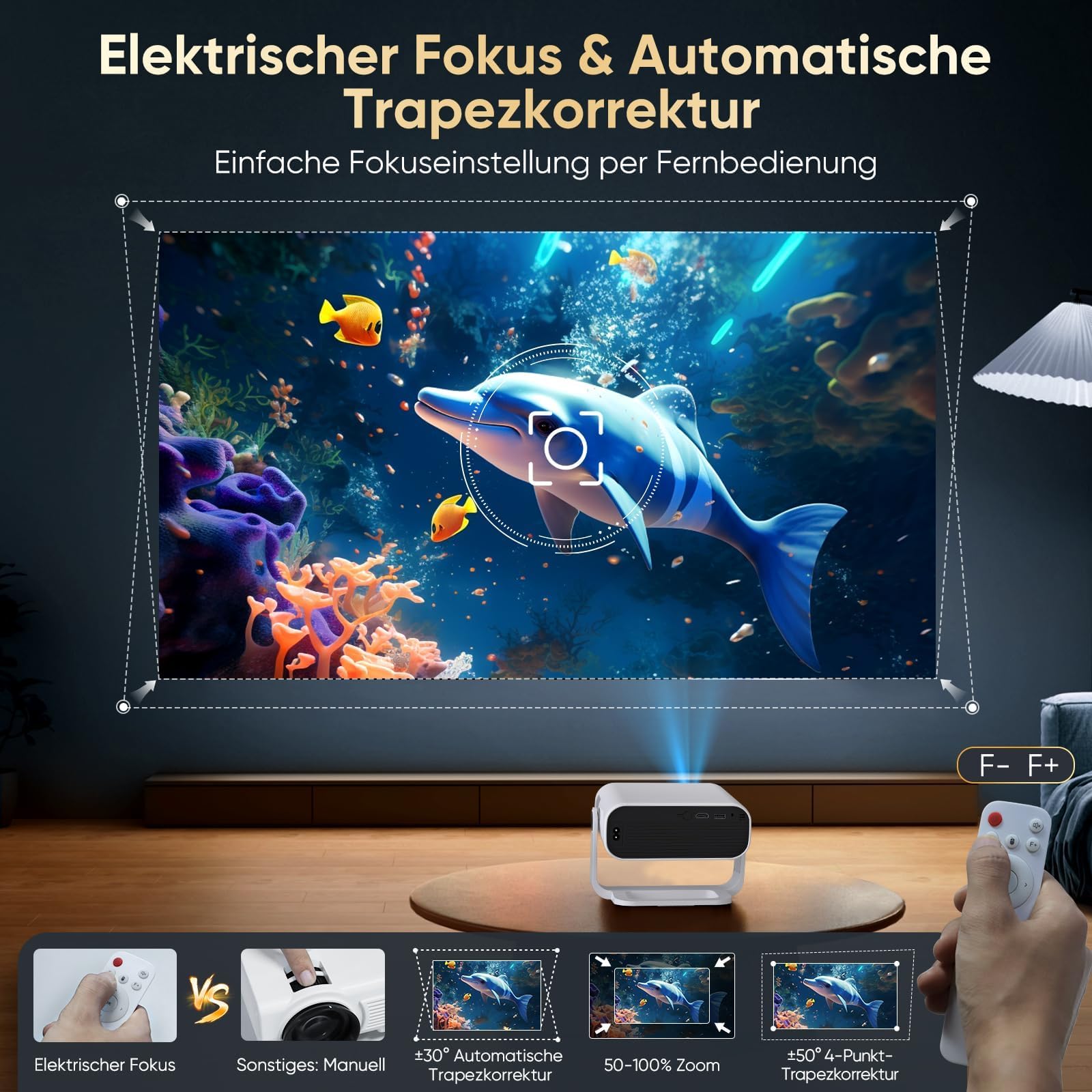2026 Neuer Smart Mini Beamer Integrierte APP, Android 14, Unterstützt 1080P und 4K-Dekodierung,Automatische Trapezkorrektur, WiFi6 & BT5.2 ，Beamer 4K Heimkino für Handy/HDMI/PC