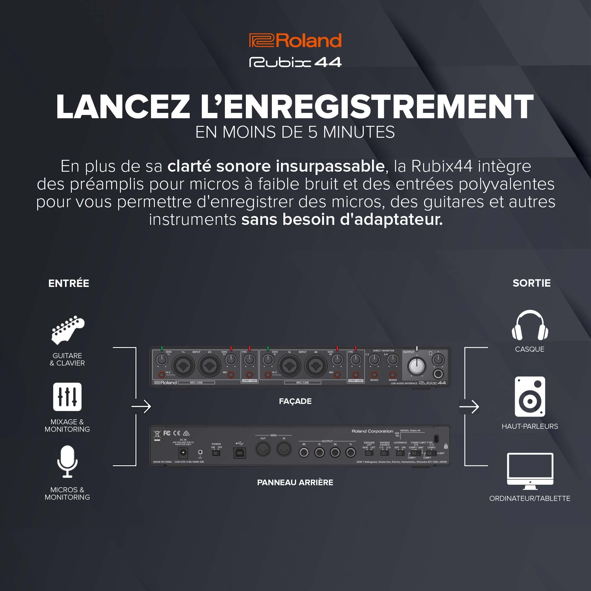 Interface audio USB Roland Rubix44 4 In-4 Out | Son haute résolution | Enregistrement de micros, guitares, claviers et autres | Compacte & robuste | Compatible Mac, PC & iPad