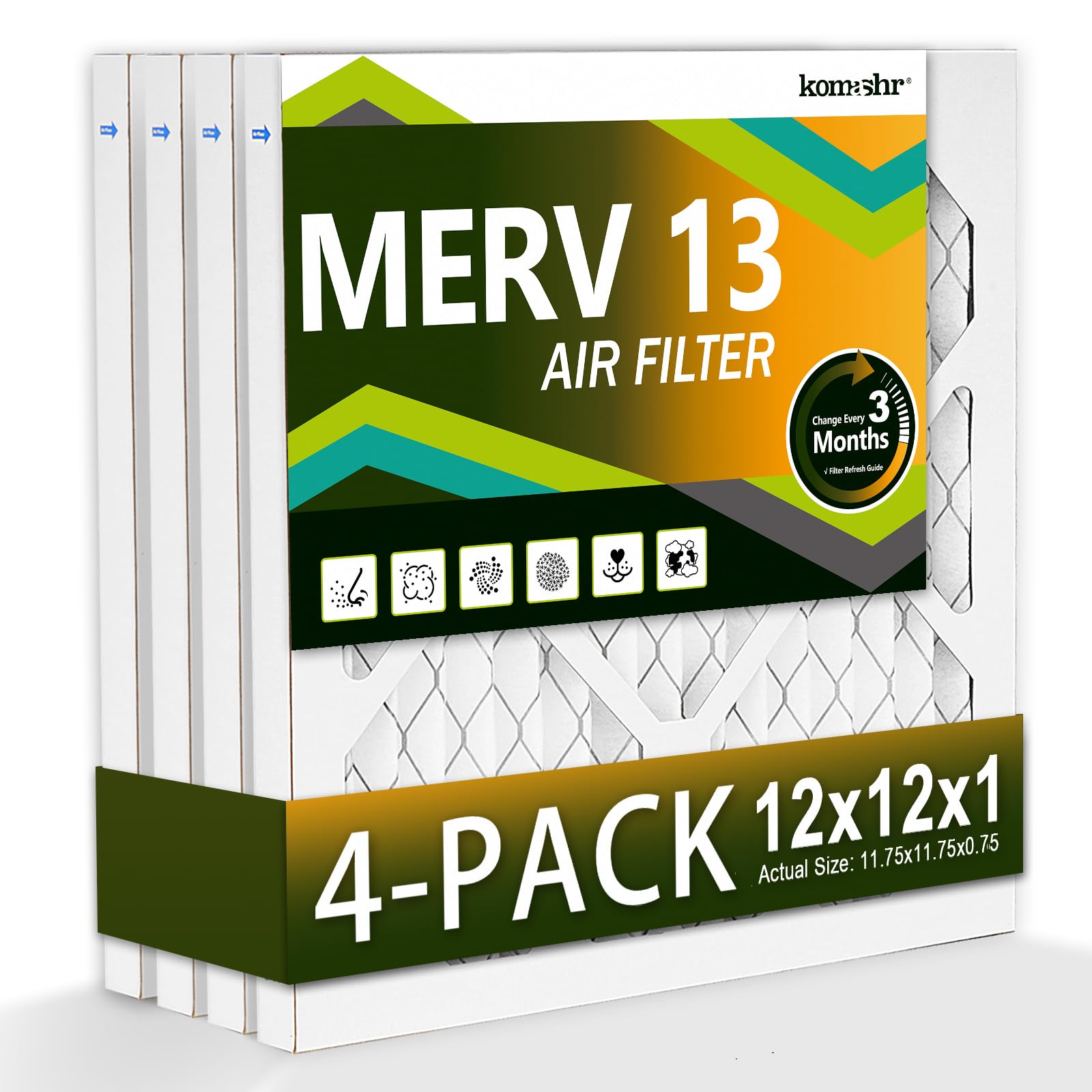 Komashr 12x12x1 Air Filter MERV 13 (4-Pack), HVAC/Furnace AC Filter Replacement, Dust Defense–Comparable with MPR 1500-1900 & FPR 10 (Actual 11.75x11.75x0.75)