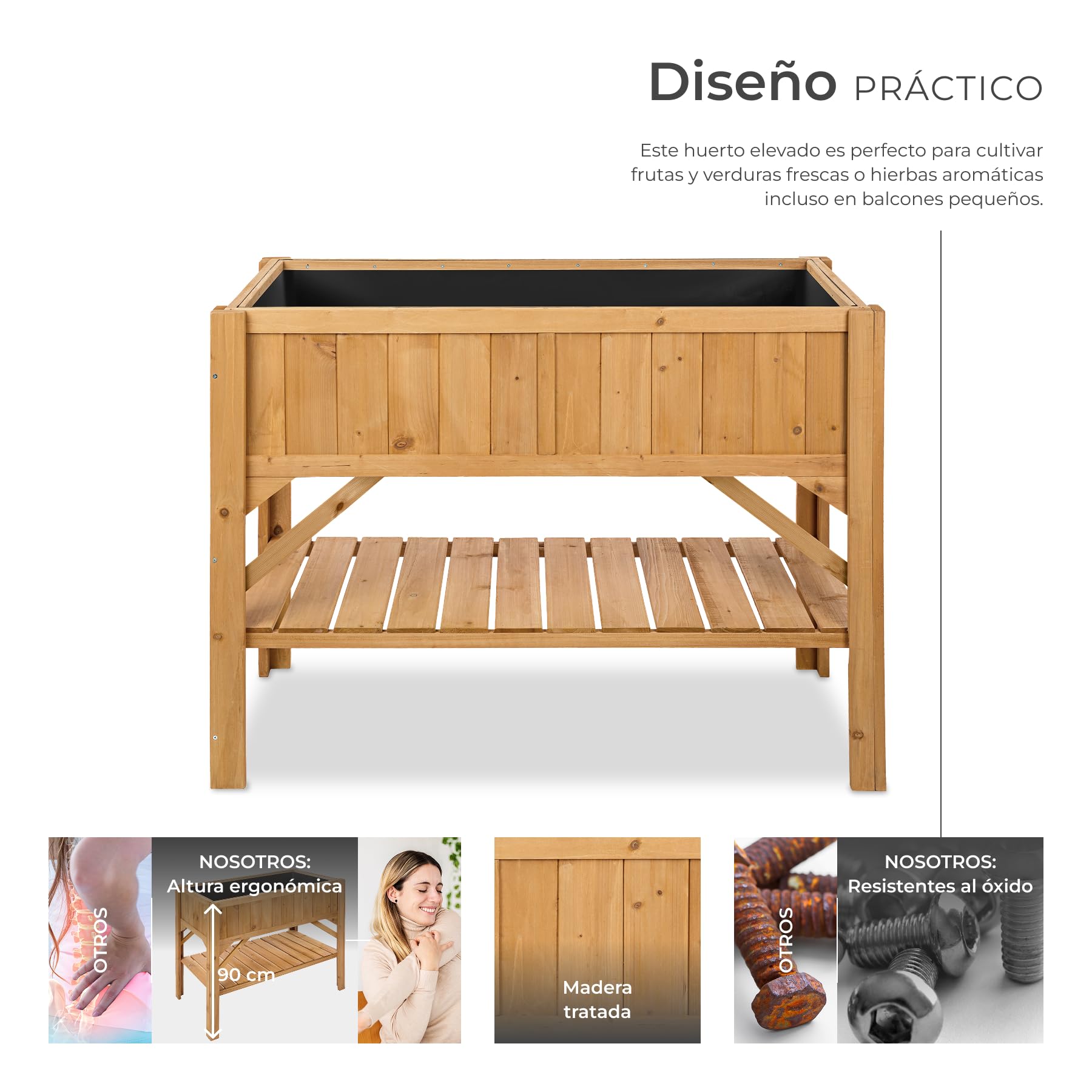 tectake® Jardinera Exterior de Madera, Cama Elevada con Inserto Protector, Jardinera con Lámina de Protección y Estantería, Resistente a Viento e Intemperie, Ideal Huerto Urbano, Macetero,119x57x90cm